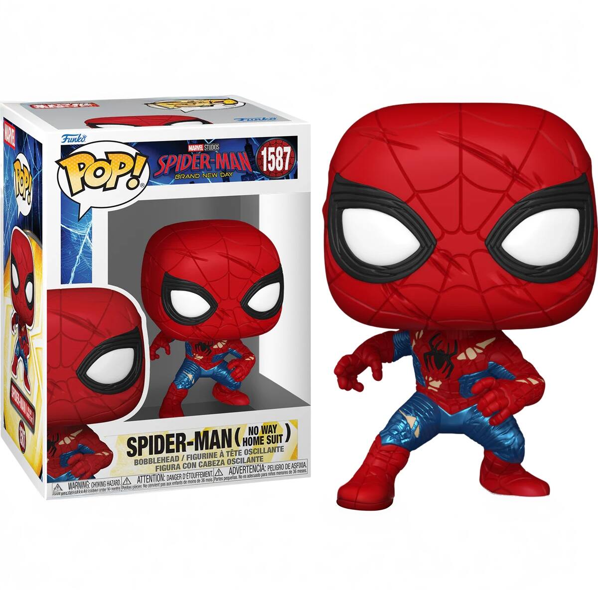 Funko MARVEL STUDIOS SPIDER-MAN 1587 POP! BRAND NEW DAY NO WAY SPIDER-MAN HOME SUIT A TTE OSCILLANTE BBLEHEAD I FIGURINE OSCIL ANTE FIGURA CON CABEZA PELIGRO DE ASFIXA D'ETOUFFEMENT ADVERTENCIA: WARNING: CHOKING HAZARD - ATTENTION: DANGER
