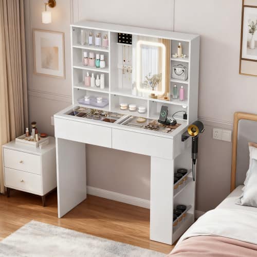 Winado - Visualized Glass Tabletop Vanity Table with USB Charging Station, LED Lighted Mirror, Side-mounted Hidden Storage Shelve - White