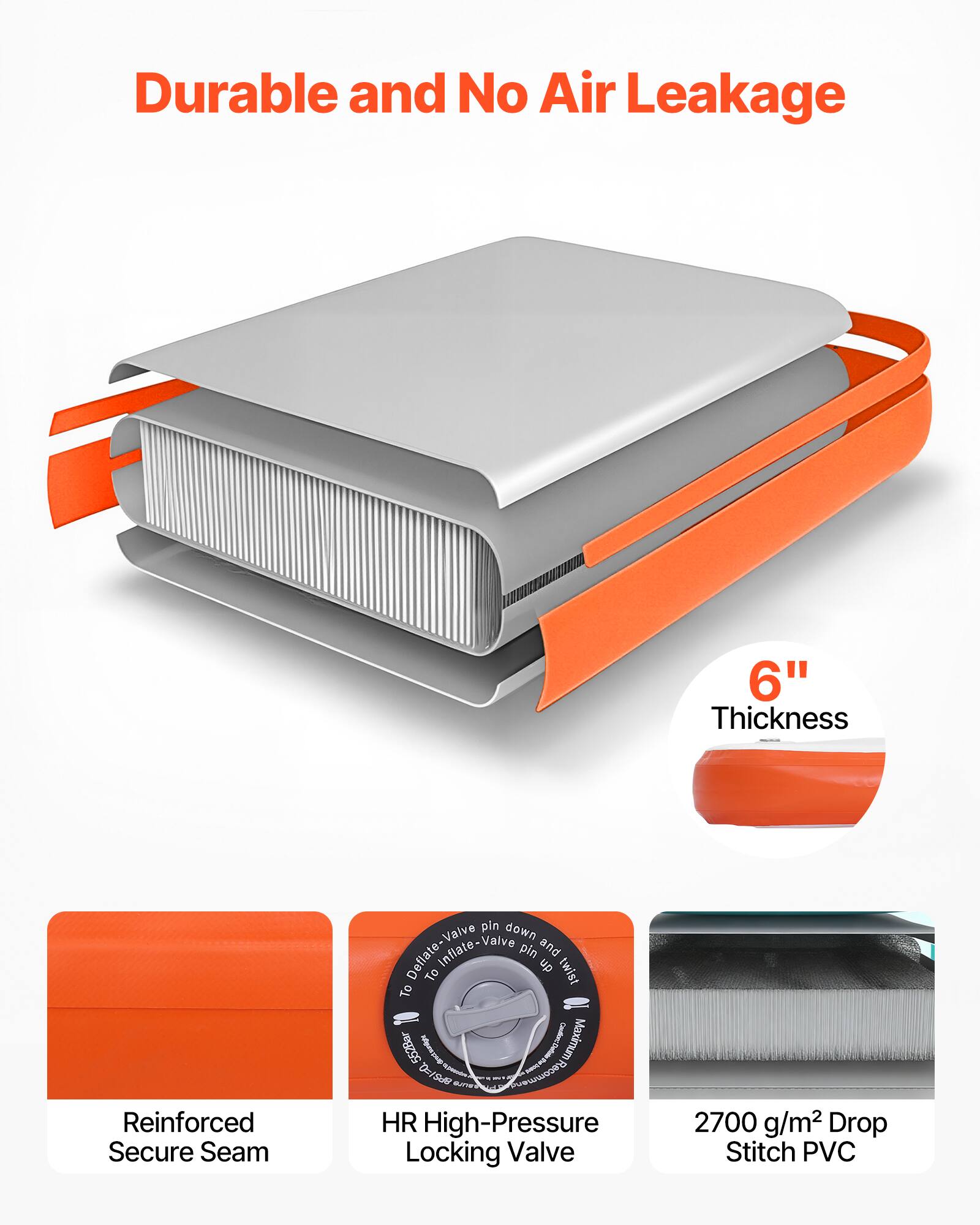 Durable and No Air Leakage

6" Thickness

Reinforced Secure Seam

HR High-Pressure Locking Valve

2700 g/m² Drop Stitch PVC