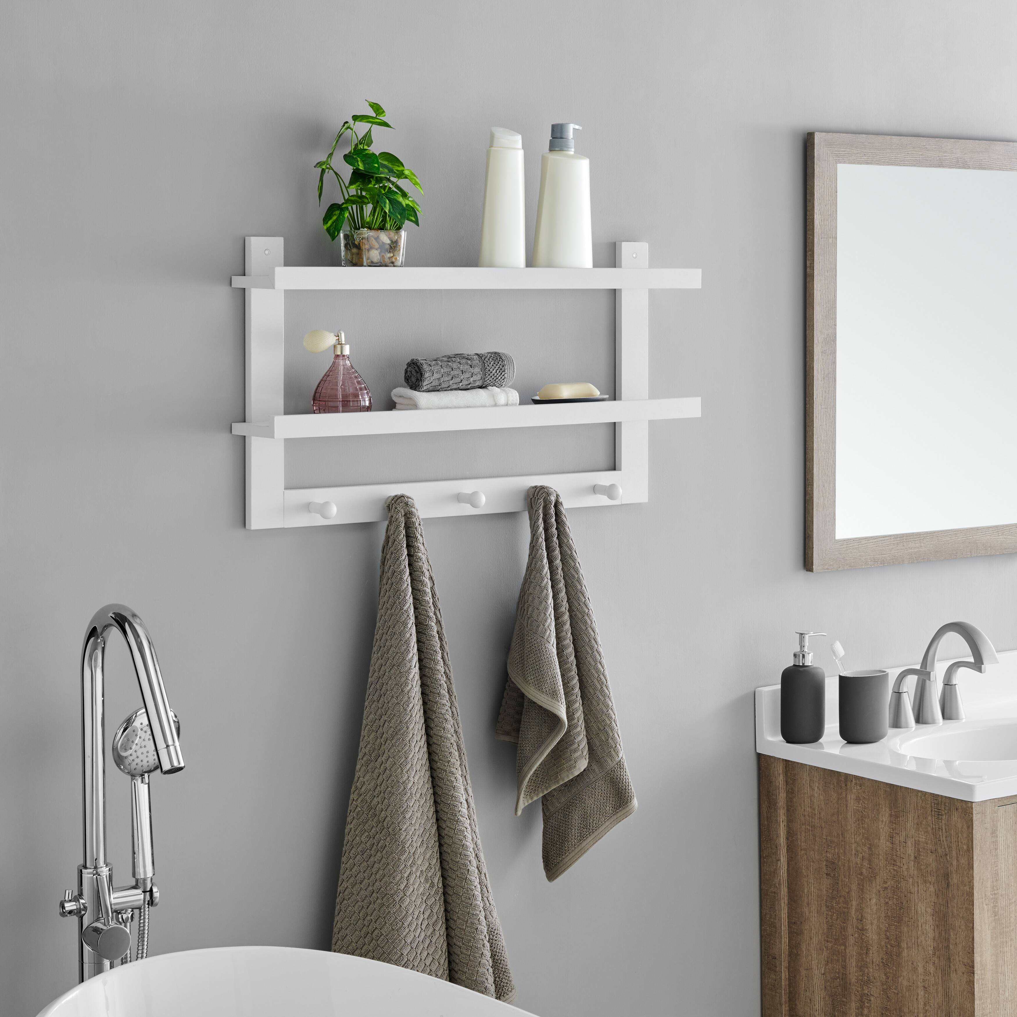 Back. Danya B - Two-Tier Ledge Shelf Wall Organizer with Five Hanging Hooks - White - White.
