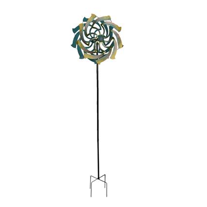 Front. Direct International - Colorful Teal and Yellow Finish Dual Flower Metal Wind Spinner Garden Stake 70 Inches High - Teal.