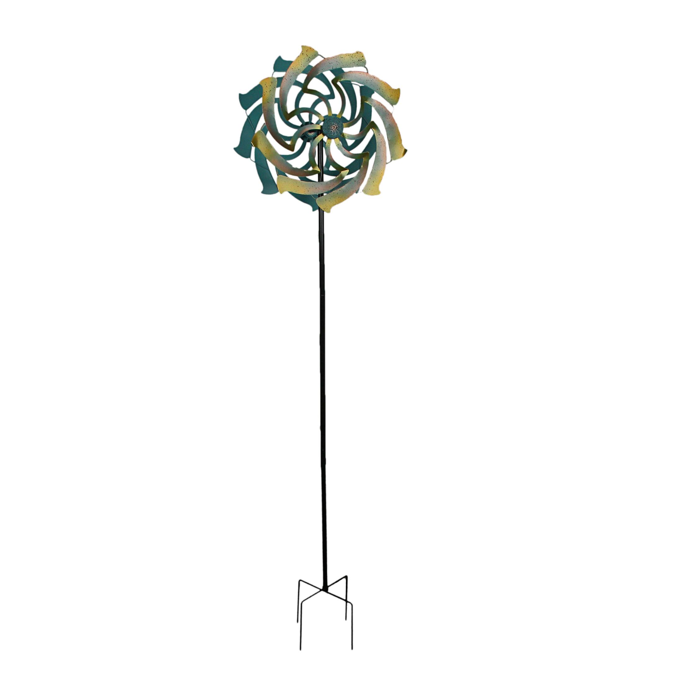 Front. Direct International - Colorful Teal and Yellow Finish Dual Flower Metal Wind Spinner Garden Stake 70 Inches High - Teal.