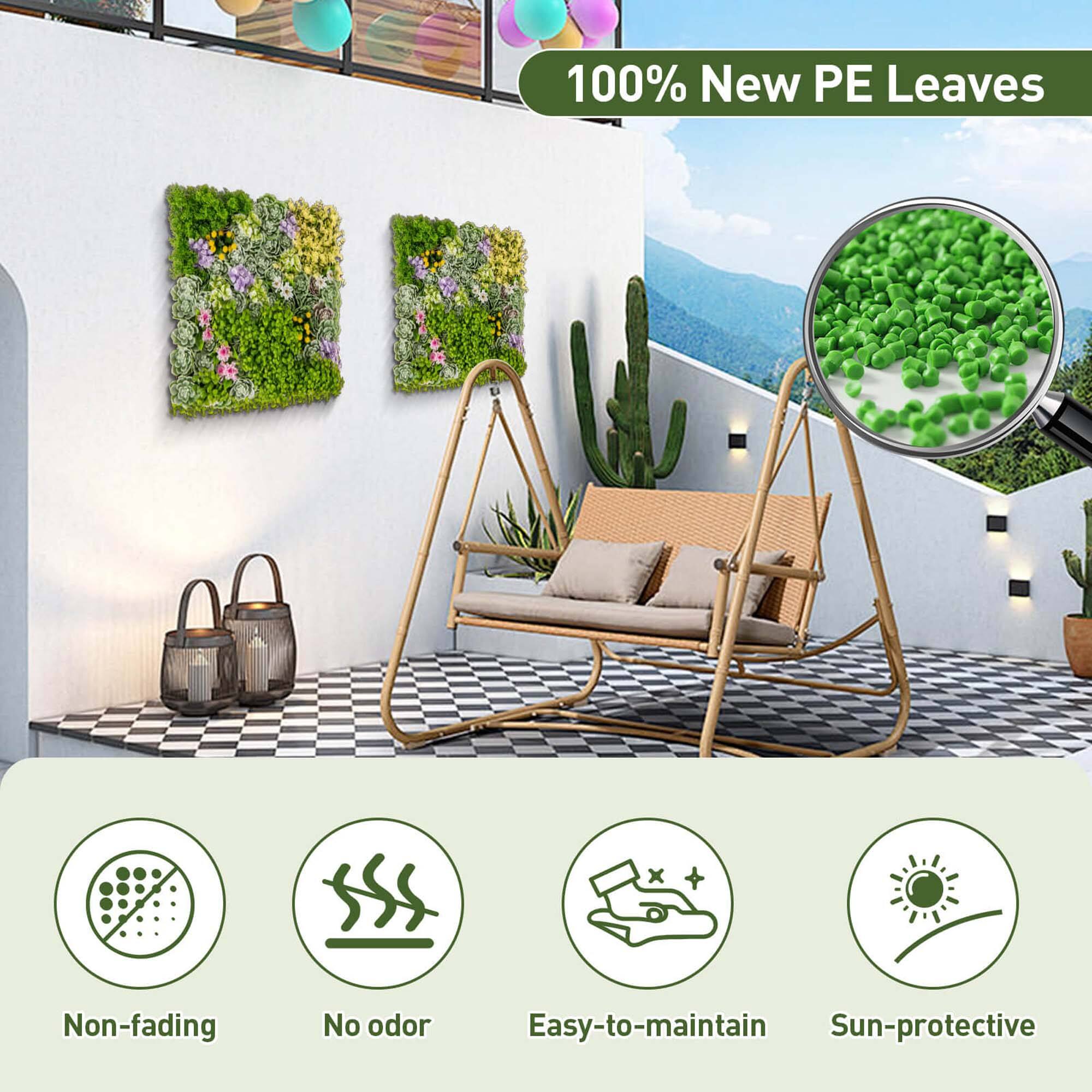 100% New PE Leaves

- Non-fading
- No odor
- Easy-to-maintain
- Sun-protective