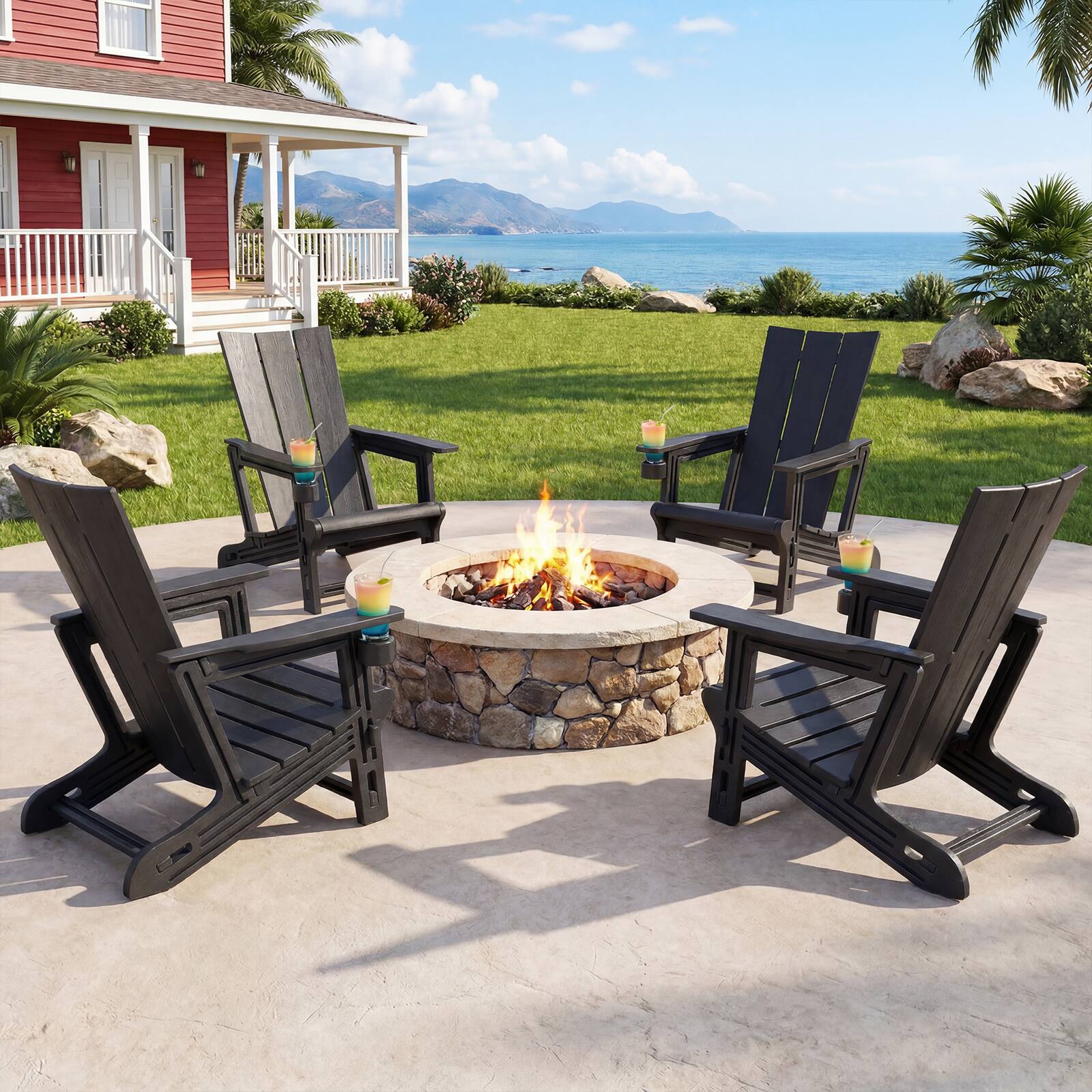Alt View 1. Gymax - Gymax 4PCS Adirondack Chair w/ Cup Holder All-Weather HDPE Plastic Patio Chair - Black.