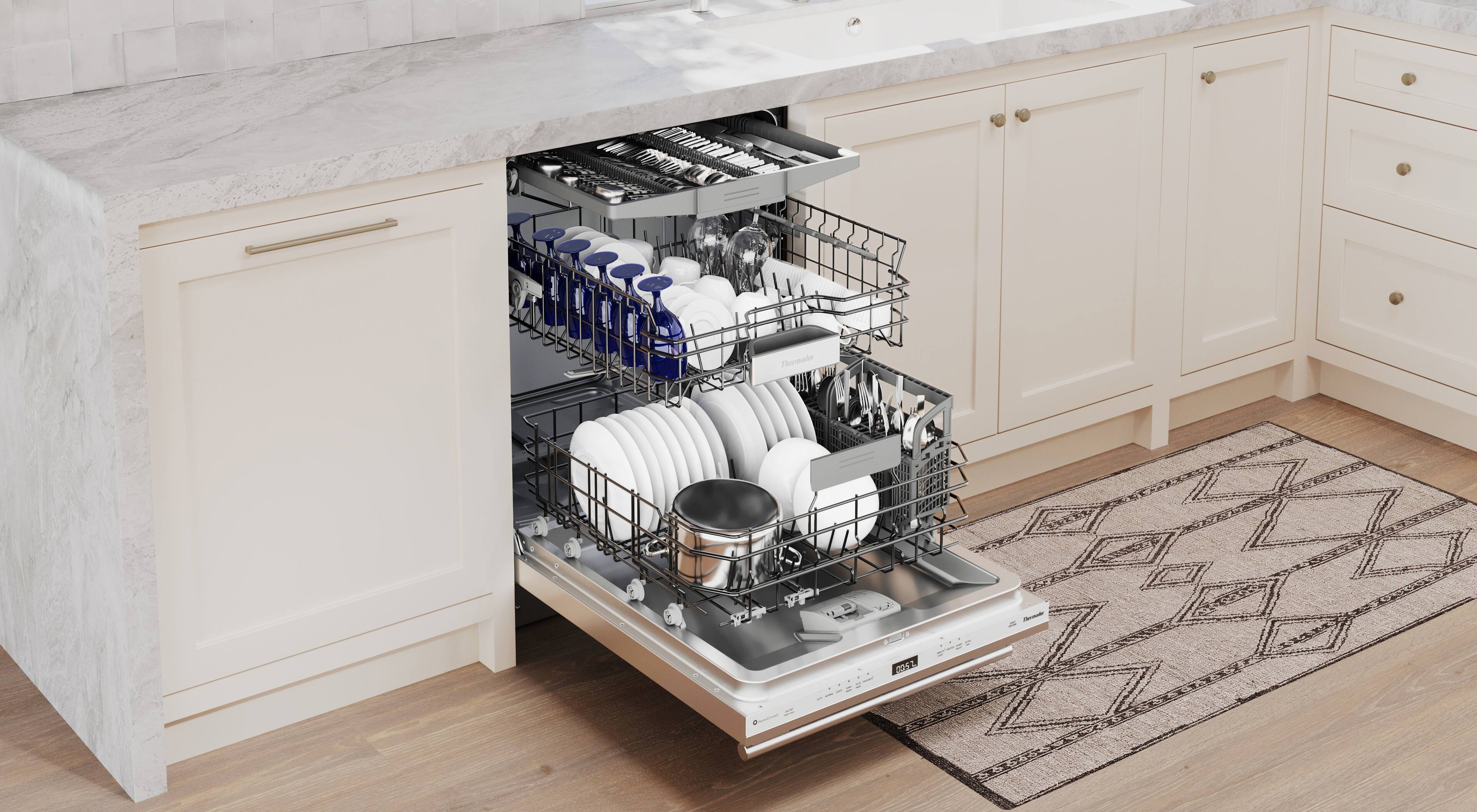 The image shows a kitchen with a dishwasher built into the cabinetry. The dishwasher is filled with dishes, including cups, bowls, and a spoon. The dishes are arranged in a way that maximizes the space within the dishwasher, making it an efficient and organized storage solution for the kitchen.