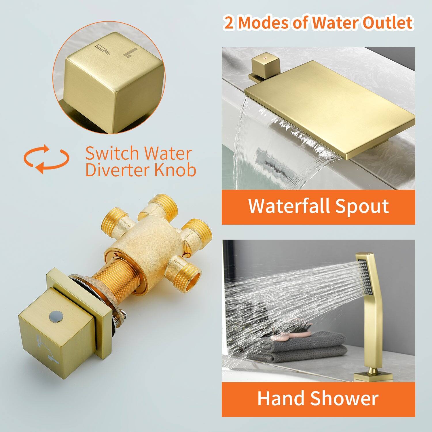2 Modes of Water Outlet

Switch Water Diverter Knob

Waterfall Spout

Hand Shower