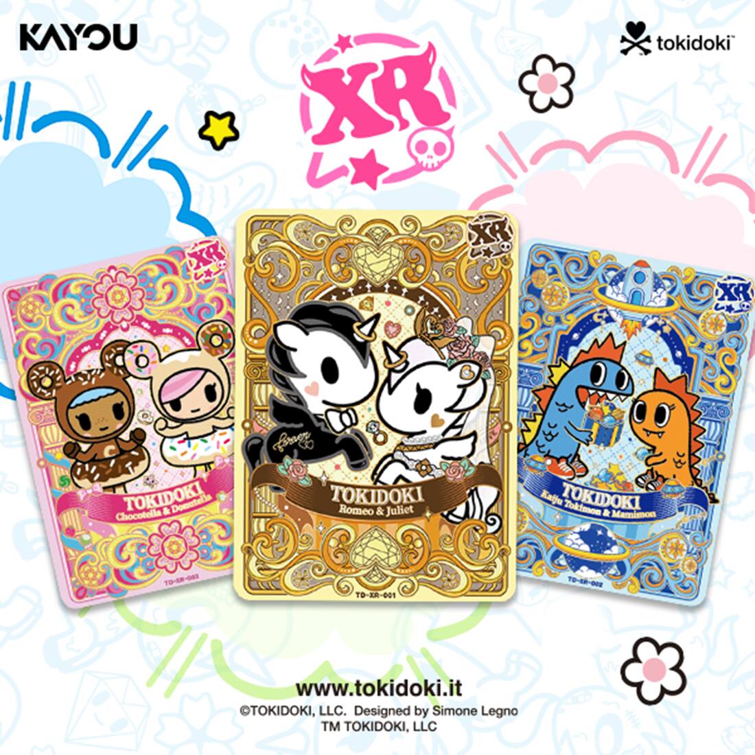 KAYOU X tokidoki XR  
Chocotella & Donutella  
TOKIDOKI & Romeo & Juliet  
Kaiju  
TOKIDOKI  
Tokimon & Mamimon  
TO-KR-002  
TO-XR-001  

www.tokidoki.it  
TOKIDOKI, LLC.  
Designed by Simone Legno  
TM TOKIDOKI, LLC