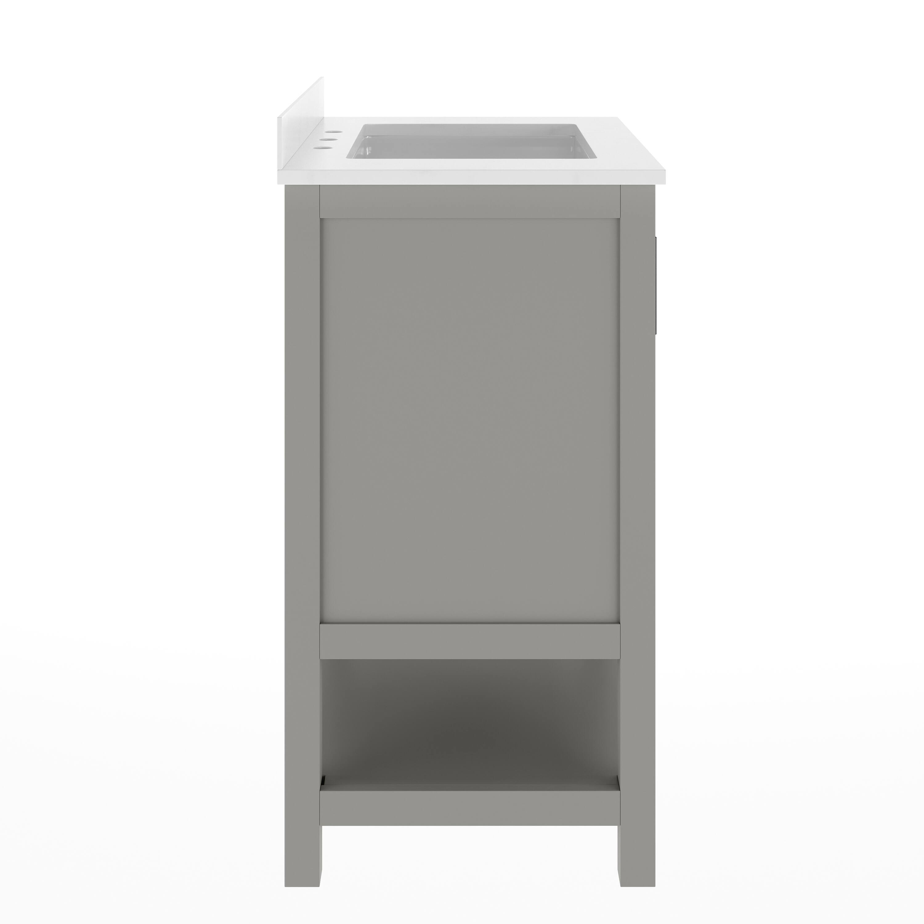 Alt View 5. Emma + Oliver - Vesta Bathroom Vanity, Single Sink Cabinet with 2 Soft Close Doors and Open Shelf, Carrara Marble Finish Countertop - Gray Frame/Black Hardware.