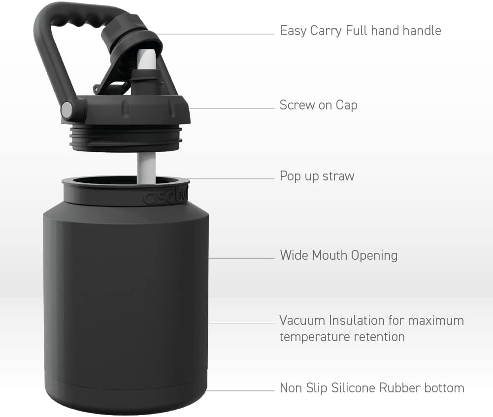 Easy Carry Full hand handle  
Screw on Cap  
Pop up straw  
Wide Mouth Opening  
Vacuum Insulation for maximum temperature retention  
Non Slip Silicone Rubber bottom