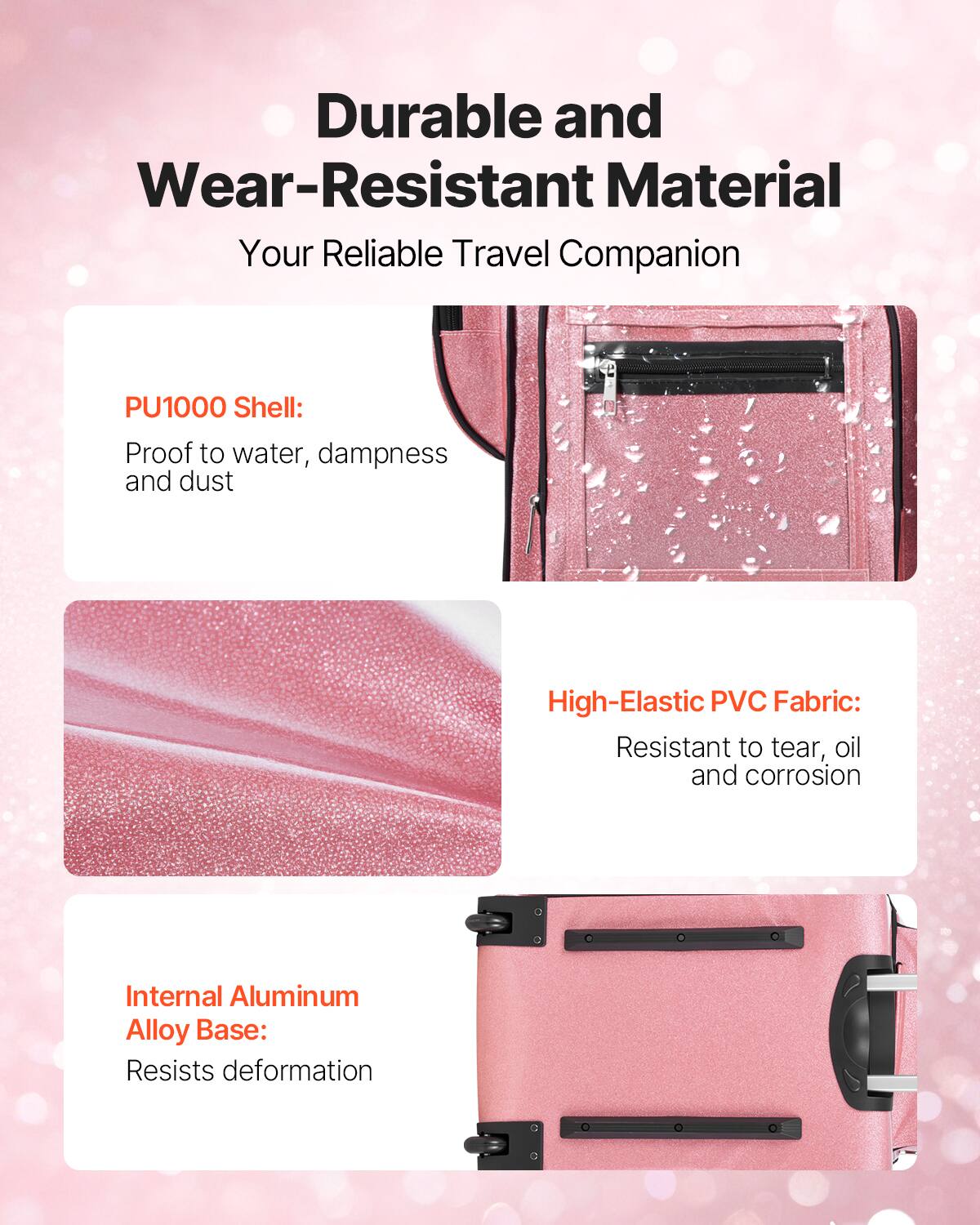 Durable and Wear-Resistant Material  
Your Reliable Travel Companion  

PU1000 Shell:  
Proof to water, dampness and dust  

High-Elastic PVC Fabric:  
Resistant to tear, oil and corrosion  

Internal Aluminum Alloy Base:  
Resists deformation