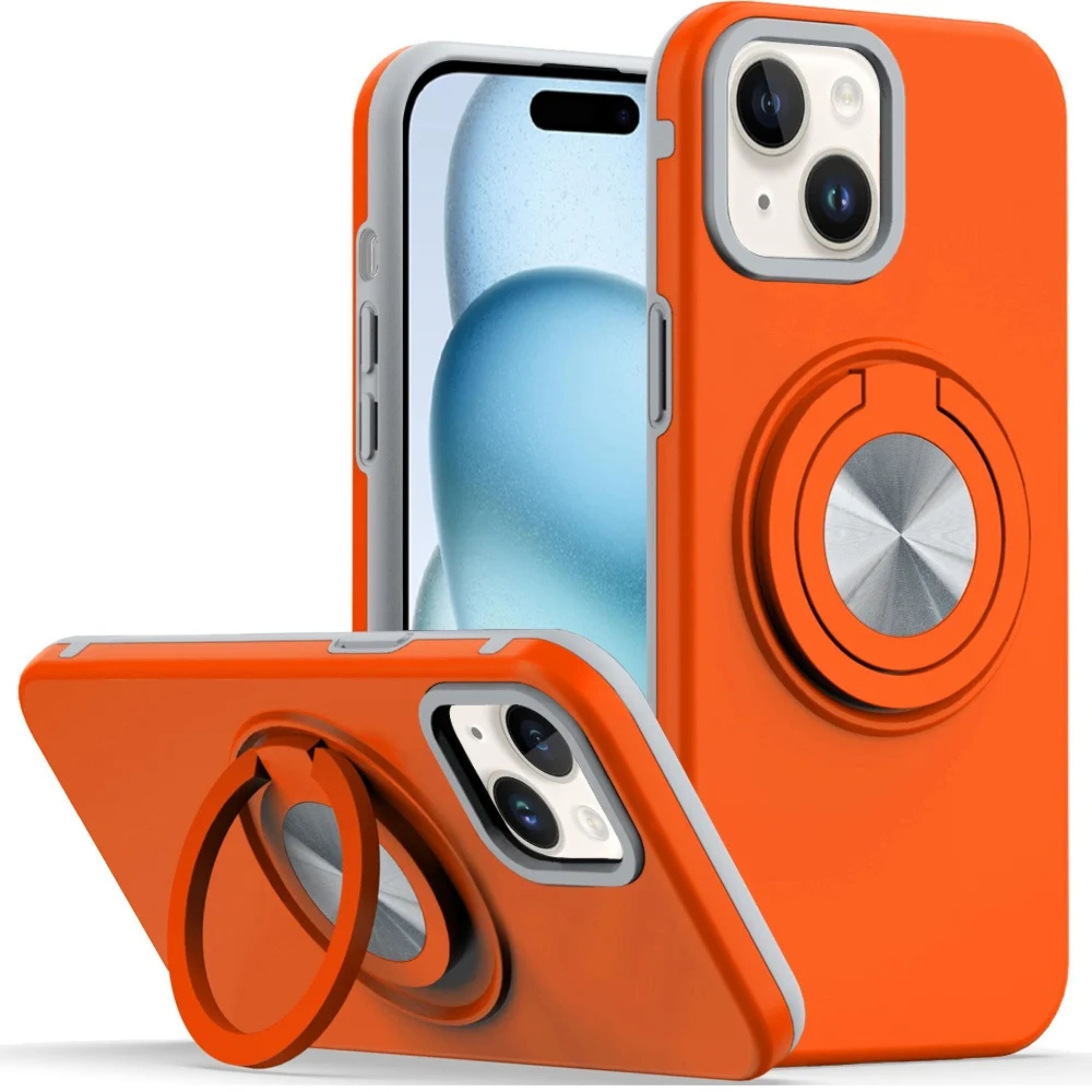 Kitcheniva - Solid Rugged Shockproof Phone Case With Stand And 2 Pcs Tempered Glass For iPhone 15 Plus Cosmic - Orange