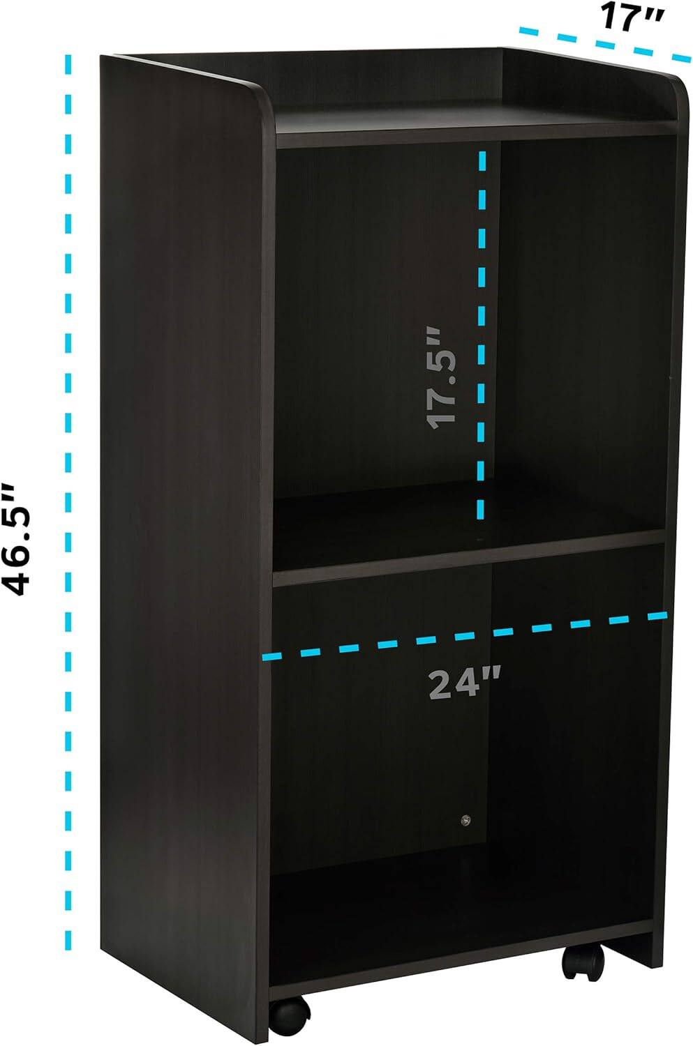 The dimensions of the shelf are:

- Height: 46.5 inches
- Width: 17.5 inches
- Depth: 24 inches