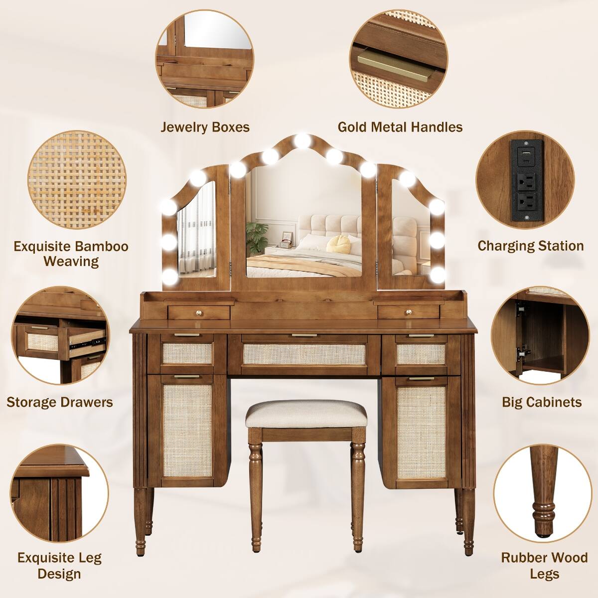 - Jewelry Boxes
- Gold Metal Handles
- Exquisite Bamboo Weaving
- Charging Station
- Storage Drawers
- Big Cabinets
- Exquisite Leg Design
- Rubber Wood Legs