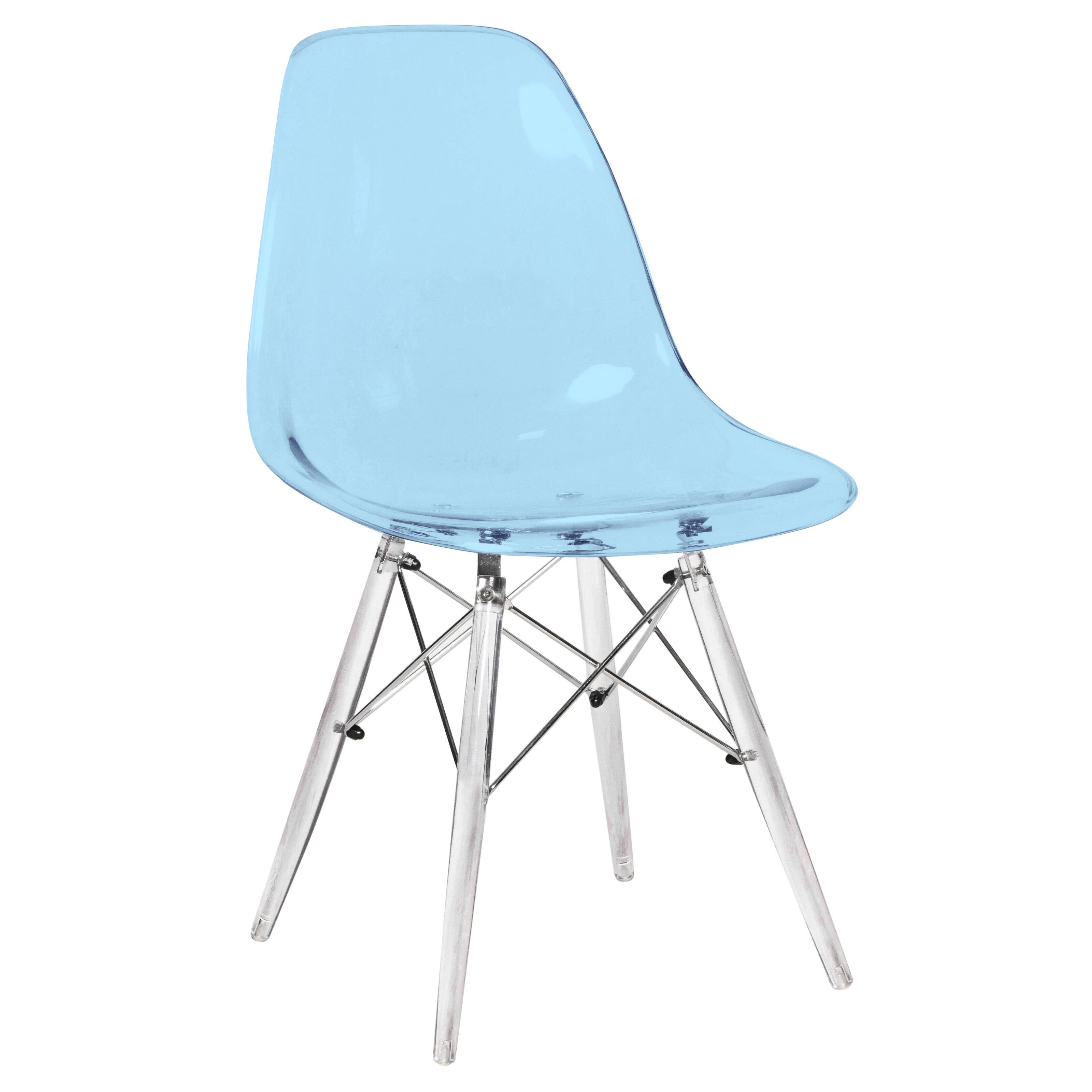 Alt View 4. LeisureMod - Cresco 4-Pieces Modern Plastic Dining Chair with Chrome Support Base and Acrylic Legs - Transparent Blue.
