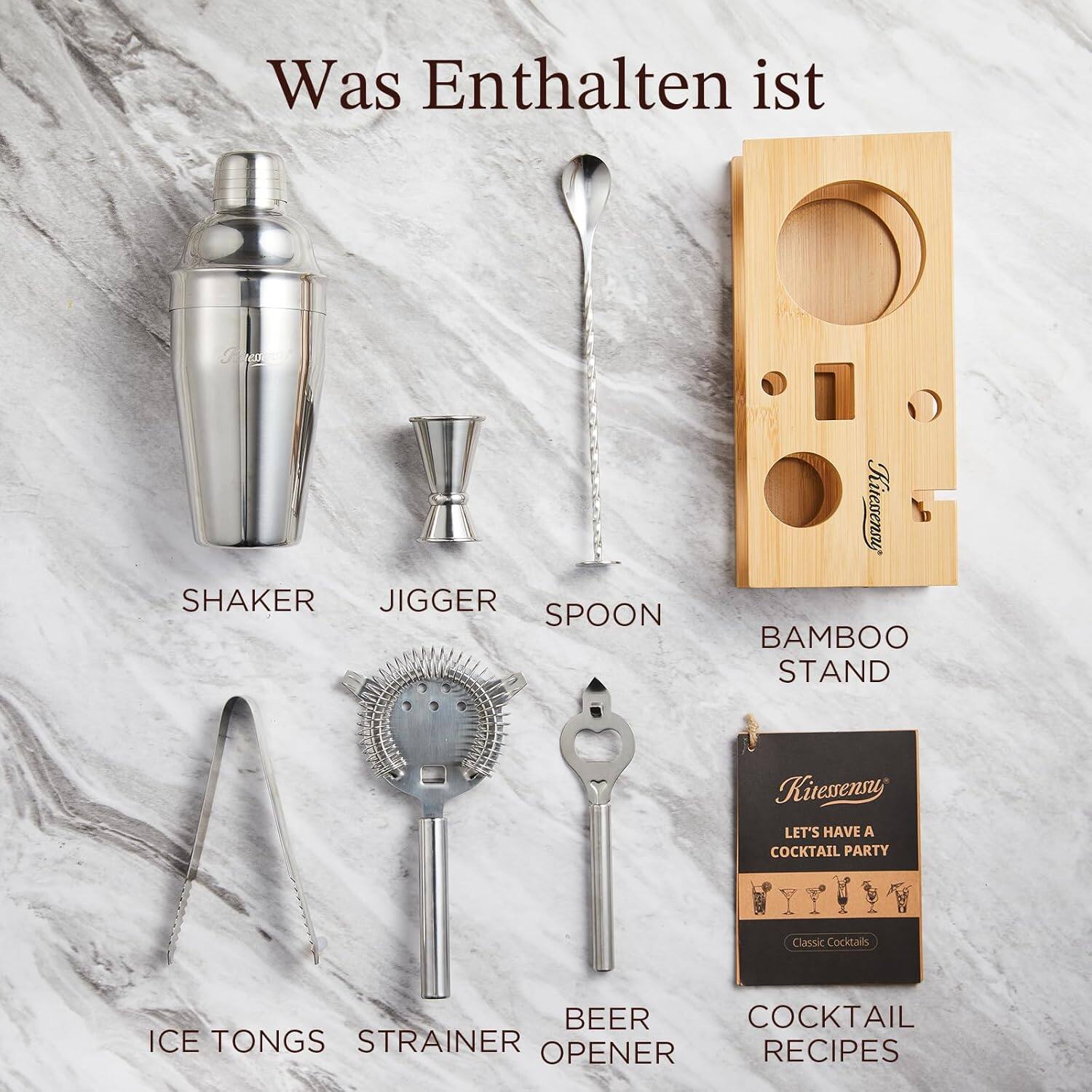 Was Enthalten ist

- SHAKER
- JIGGER
- SPOON
- BAMBOO STAND
- ICE TONGS
- STRAINER
- BEER OPENER
- COCKTAIL RECIPES

LET'S HAVE A COCKTAIL PARTY  
Classic Cocktails