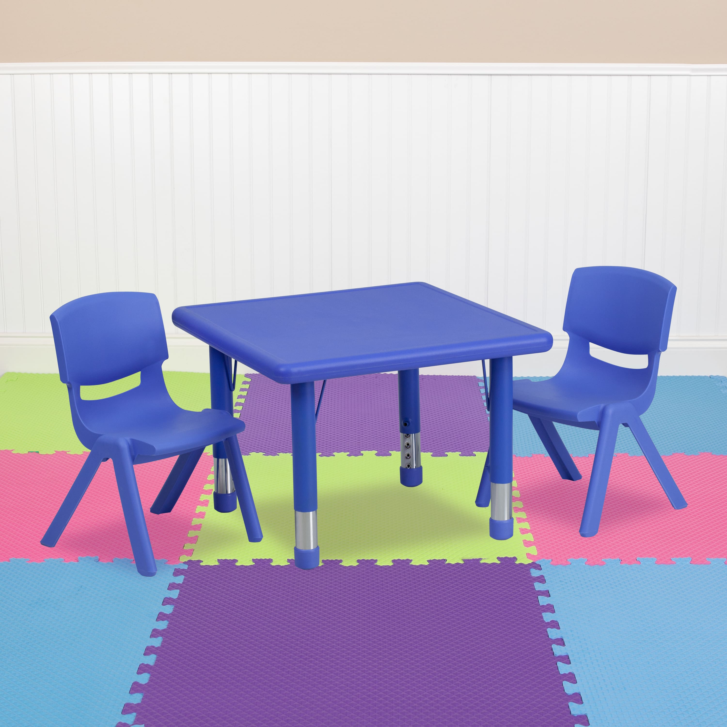 "Emma + Oliver - 24"" Square Plastic Height Adjustable Activity Table Set with 2 Chairs - Blue" price history on PriceWatchPro