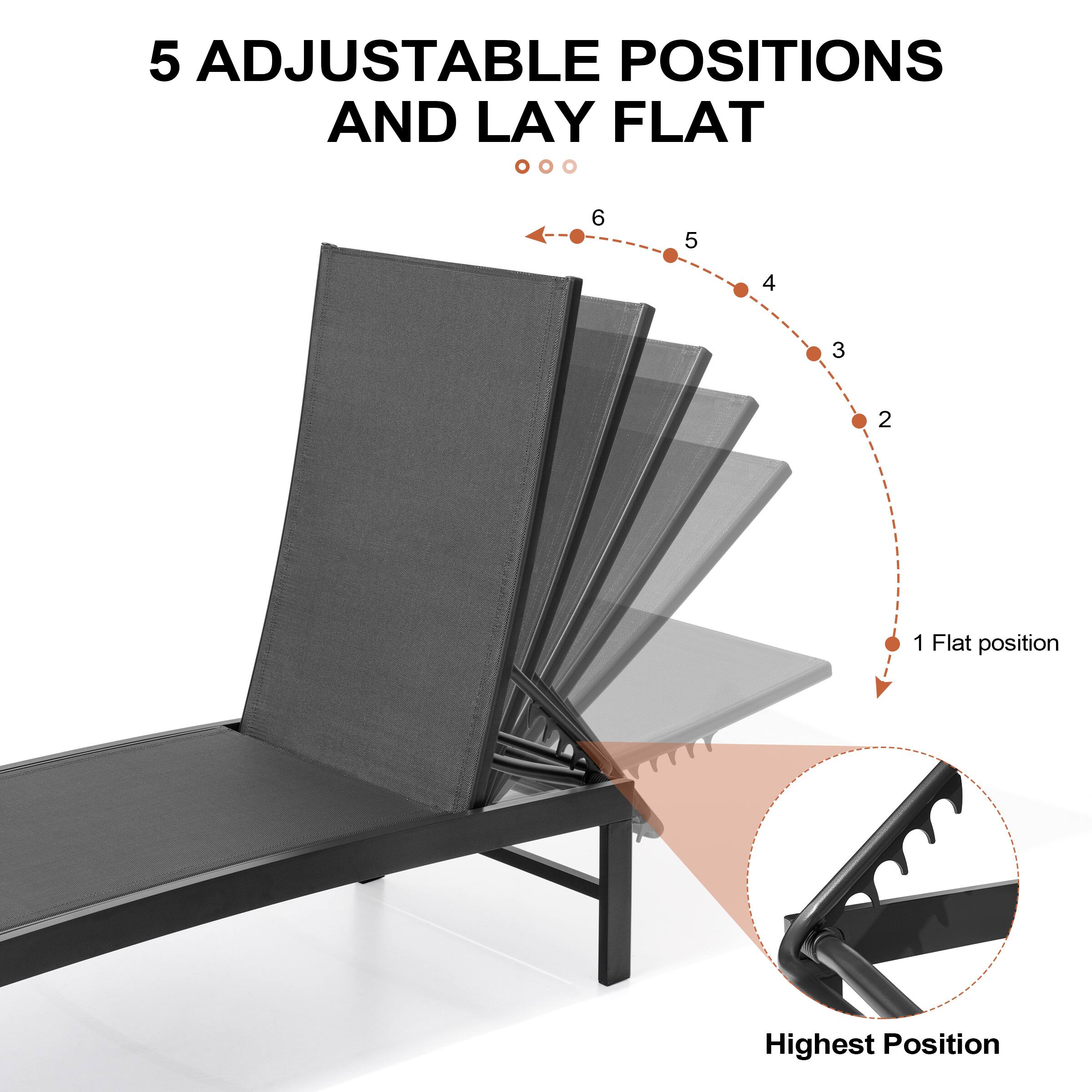 5 Adjustable Positions and Lay Flat

1 Flat position

Highest Position