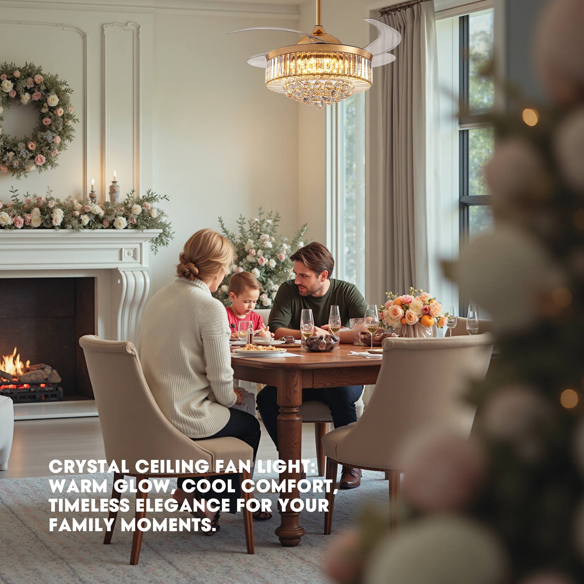 CRYSTAL CEILING FAN LIGHT: WARM GLOW, COOL COMFORT, TIMELESS ELEGANCE FOR YOUR FAMILY MOMENTS.