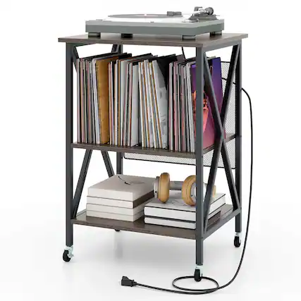 Front. Costway - Costway Record Player Stand Vinyl Record Storage Table Holds Up to 120 Vinyl Records - Grey.