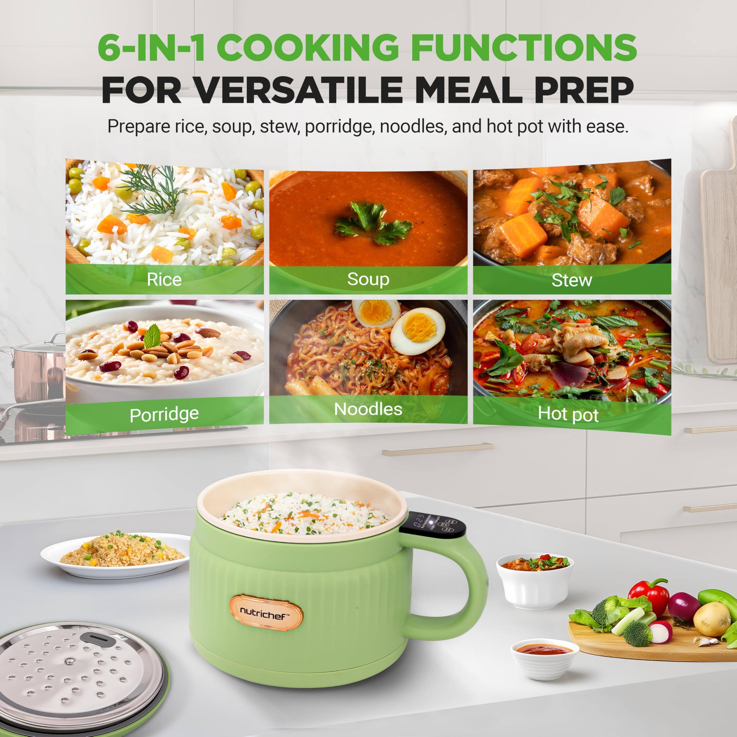 6-IN-1 COOKING FUNCTIONS FOR VERSATILE MEAL PREP

Prepare rice, soup, stew, porridge, noodles, and hot pot with ease.

- Rice
- Soup
- Stew
- Porridge
- Noodles
- Hot pot

Nutrichef