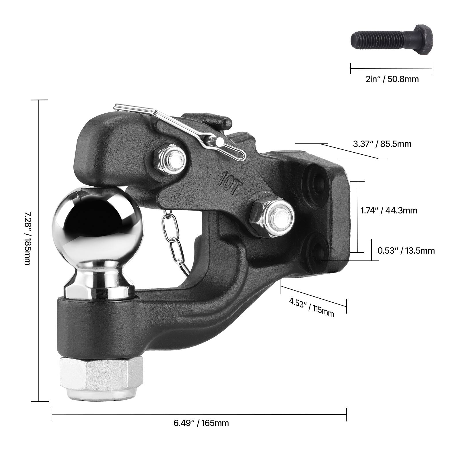 - 2in" / 50.8mm
- 3.37" / 85.5mm
- 1.74" / 44.3mm
- 0.53" / 13.5mm
- 4.53" / 115mm
- 6.49" / 165mm
- 7.28" / 185mm