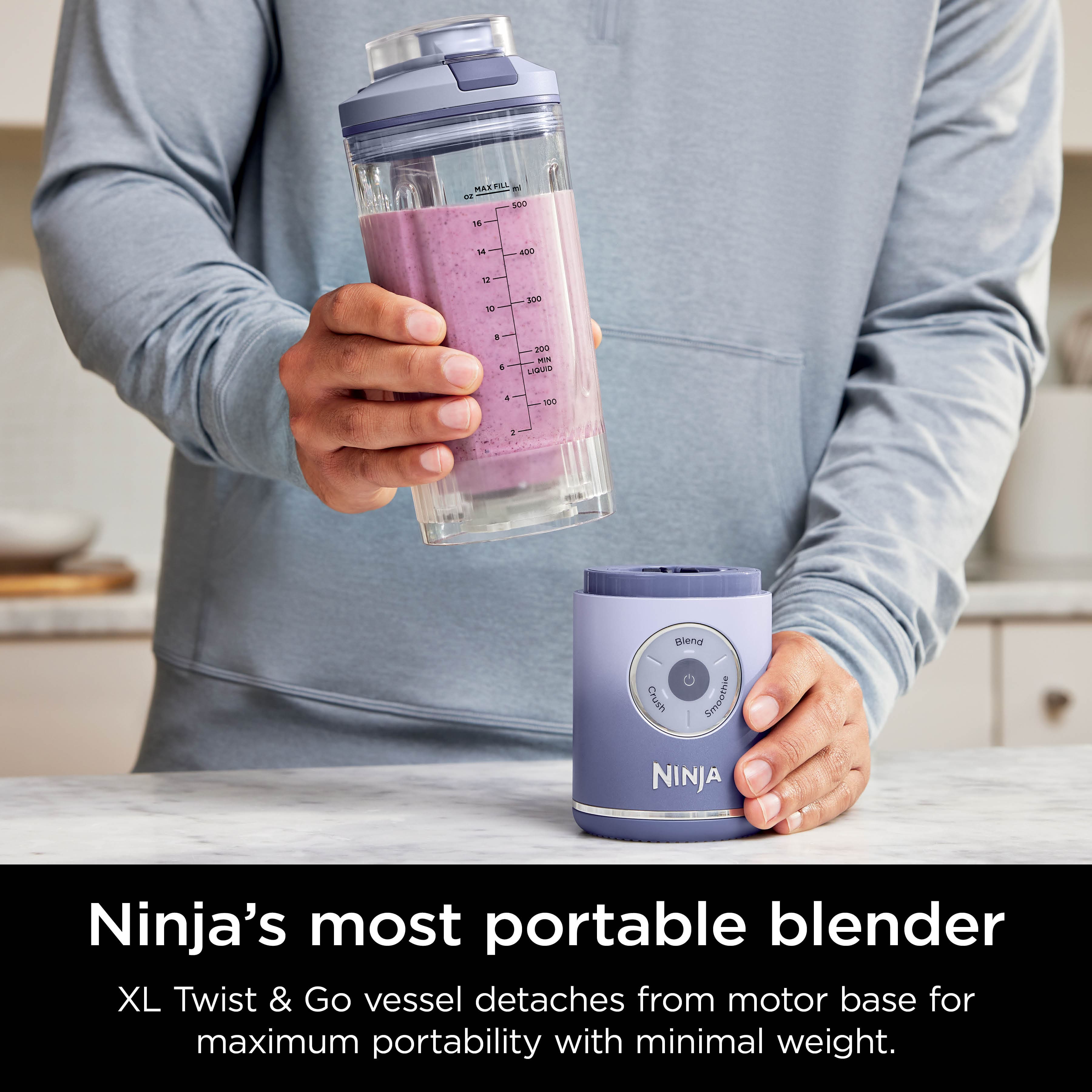 Ninja's most portable blender XL Twist & Go vessel detaches from motor base for maximum portability with minimal weight.