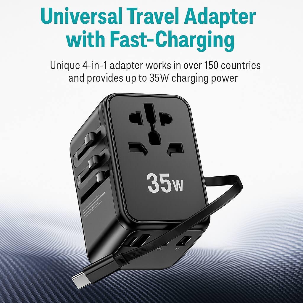Universal Travel Adapter with Fast-Charging

Unique 4-in-1 adapter works in over 150 countries and provides up to 35W charging power

35W