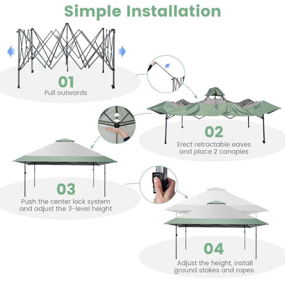 Simple Installation

01 Pull outwards

02 Erect retractable eaves and place 2 canopies

03 Push the center lock system and adjust the 3-level height

04 Adjust the height, install ground stakes and ropes