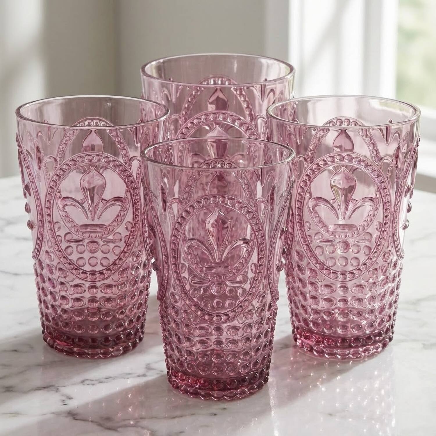 Left. Jay Import - Plum Fleur De Lis Drink Tumblers (Set of 4) - 25.3 oz - Pink.