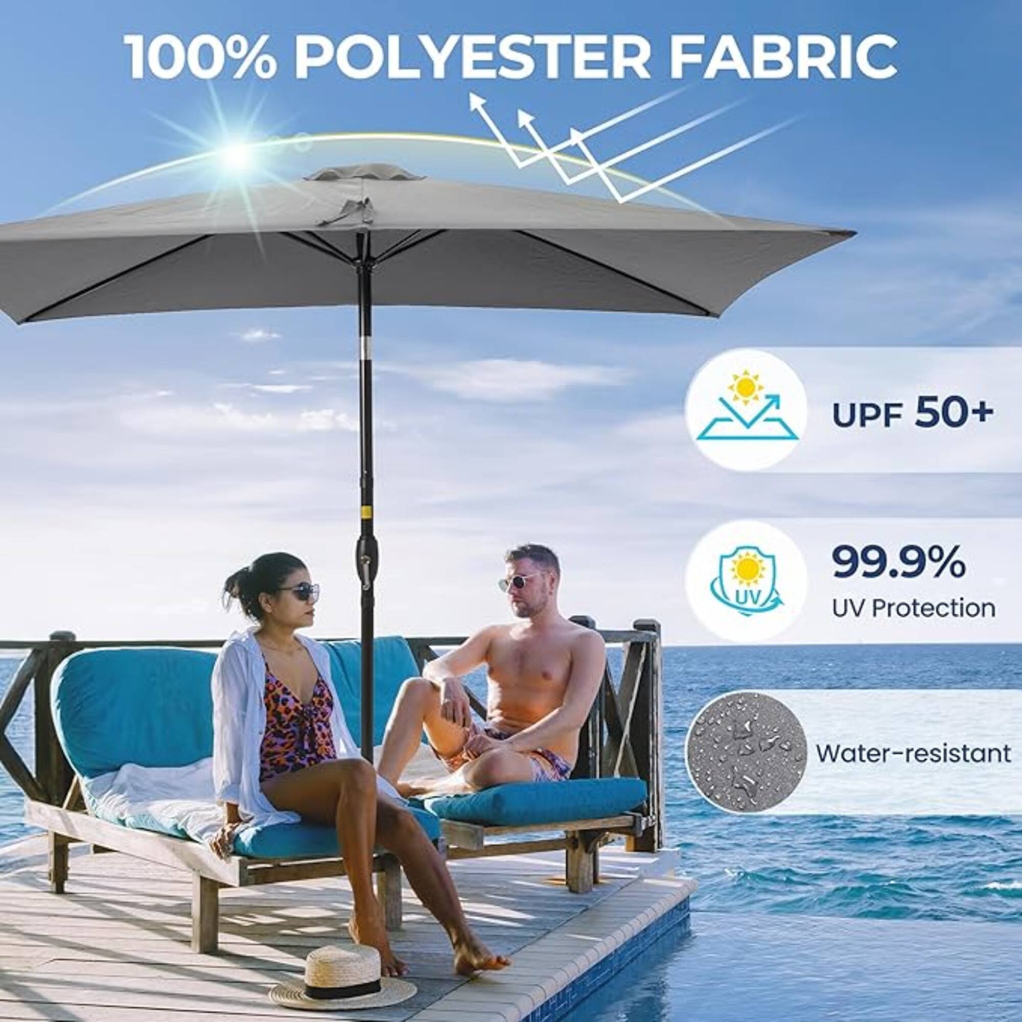 100% POLYESTER FABRIC  
UPF 50+  
99.9% UV Protection  
Water-resistant