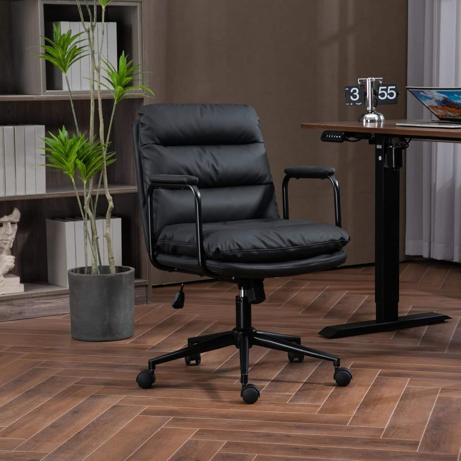 Trinkets Crazed - Office Executive Chair Adjustable Mid Back Ergonomic Home Desk Chair PU Leather Computer Rolling Swivel Chair  - Black