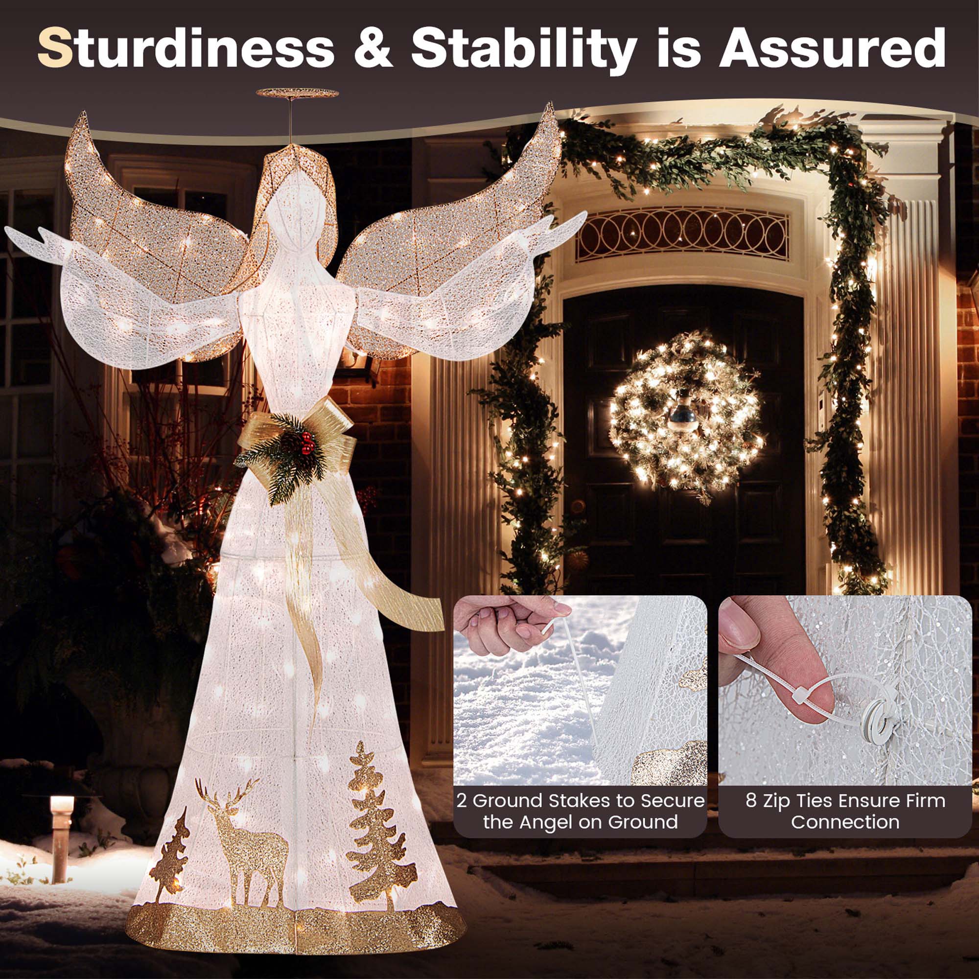 The text on the image reads: "Sturdiness & Stability is Assured 2 Ground Stakes to Secure the Angel on Ground 8 Zip Ties Ensure Firm Connection."