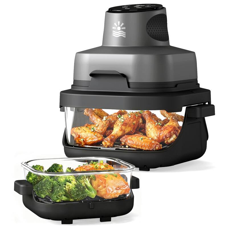 Etust - Portable Glass Air Fryer Indoor Grill, 4-in-1 Cooking System, 4L & 1.5L Glass Bowls, Large Air Fryer for Home - Black