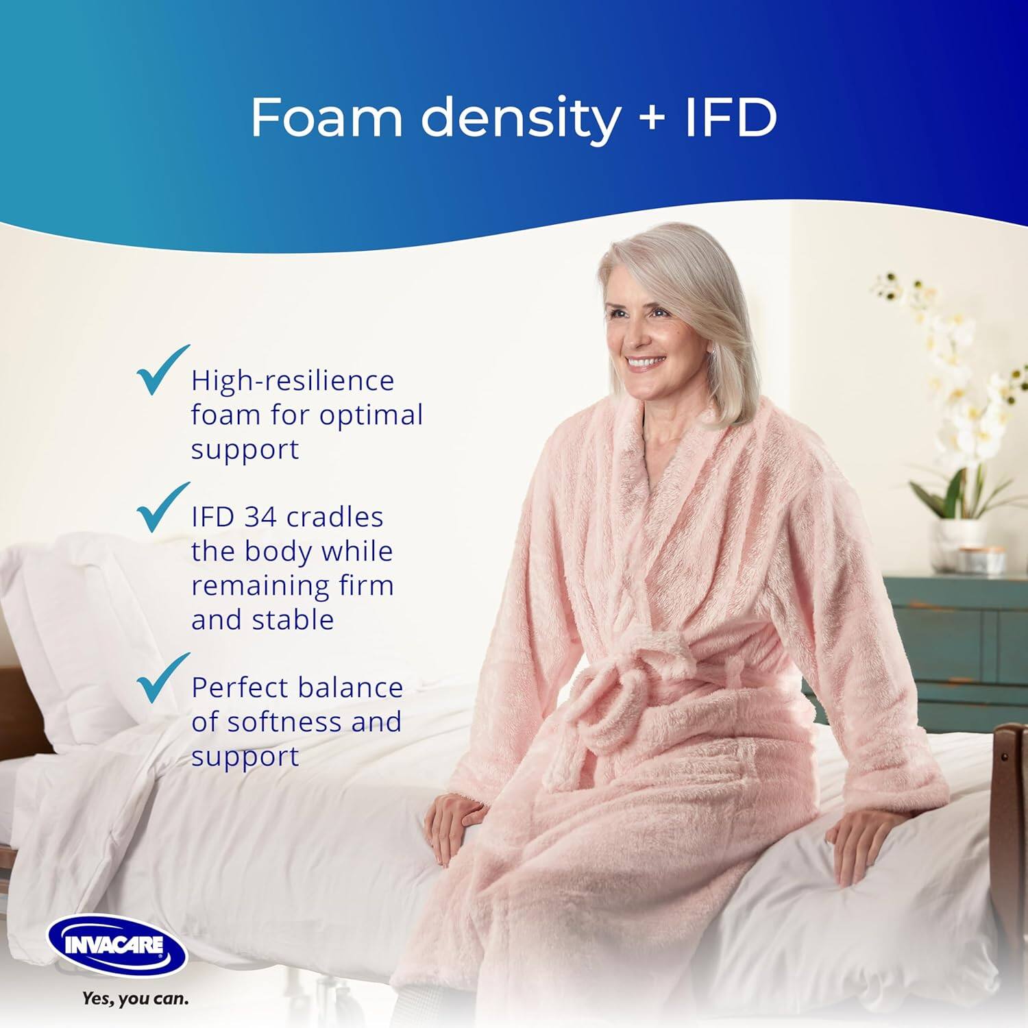 Foam density + IFD

- High-resilience foam for optimal support
- IFD 34 cradles the body while remaining firm and stable
- Perfect balance of softness and support

INVACARE
Yes, you can.