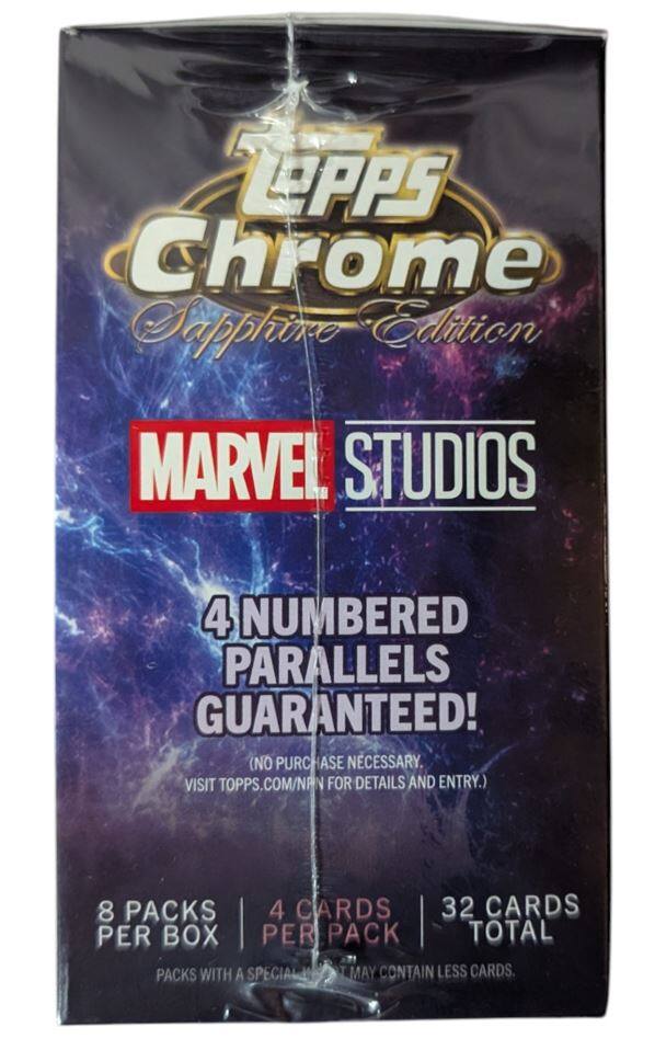 LEPPS Chrome Sapphire Edition MARVEL STUDIOS 4 NUMBERED PARALLELS GUARANTEED! (NO PURCHASE NECESSARY. VISIT TOPPS.COM/NAN FOR DETAILS AND ENTRY.) 8 PACKS 4 CARDS 32 CARDS PER BOX | PER PACK TOTAL PACKS WITH A SPECIAL MAY CONTAIN LESS CARDS.