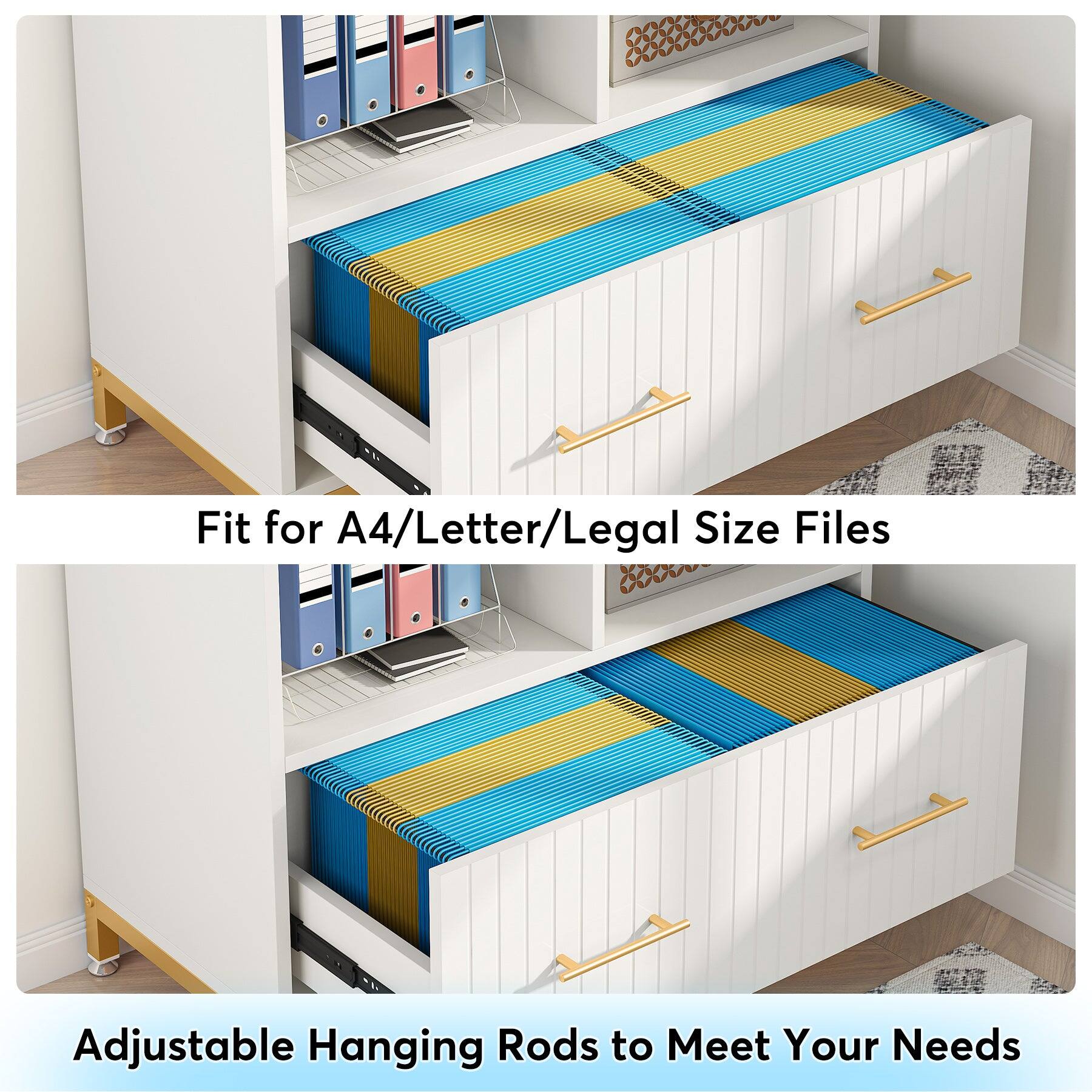 Fit for A4/Letter/Legal Size Files  
Adjustable Hanging Rods to Meet Your Needs