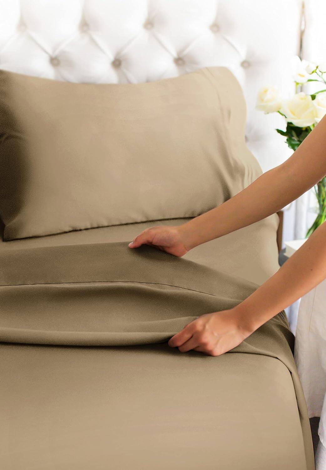 Back. CGK Linens - 100% Cotton 400 TC 4 Piece Sheet Set - Extra Deep Pocket for 18"-24" Mattresses - Queen - Beige.