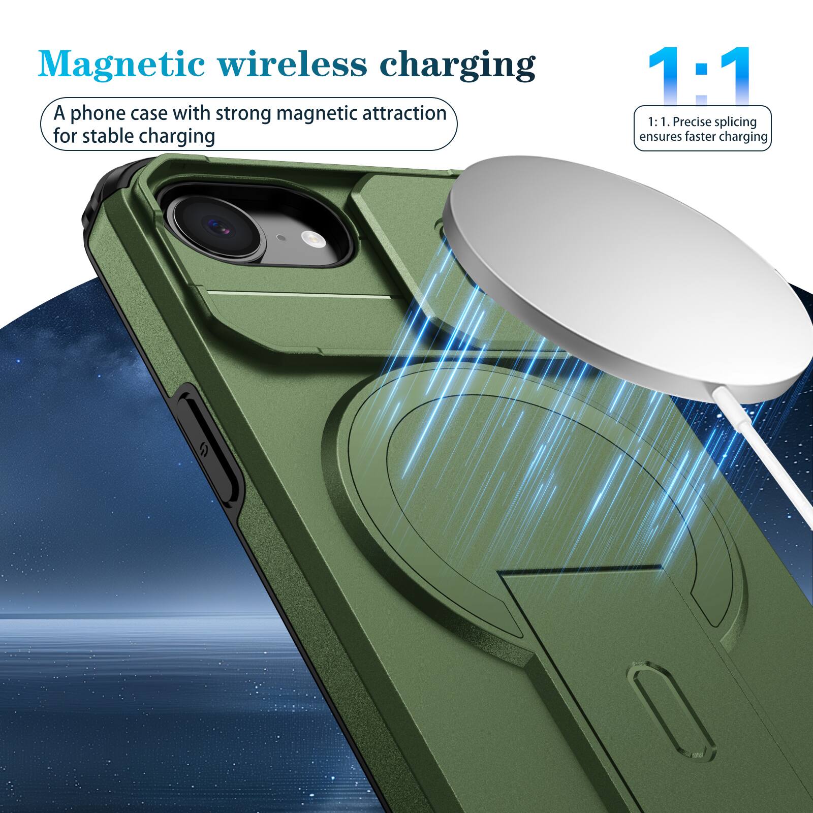 Magnetic wireless charging

A phone case with strong magnetic attraction for stable charging

1:1

1:1. Precise splicing ensures faster charging