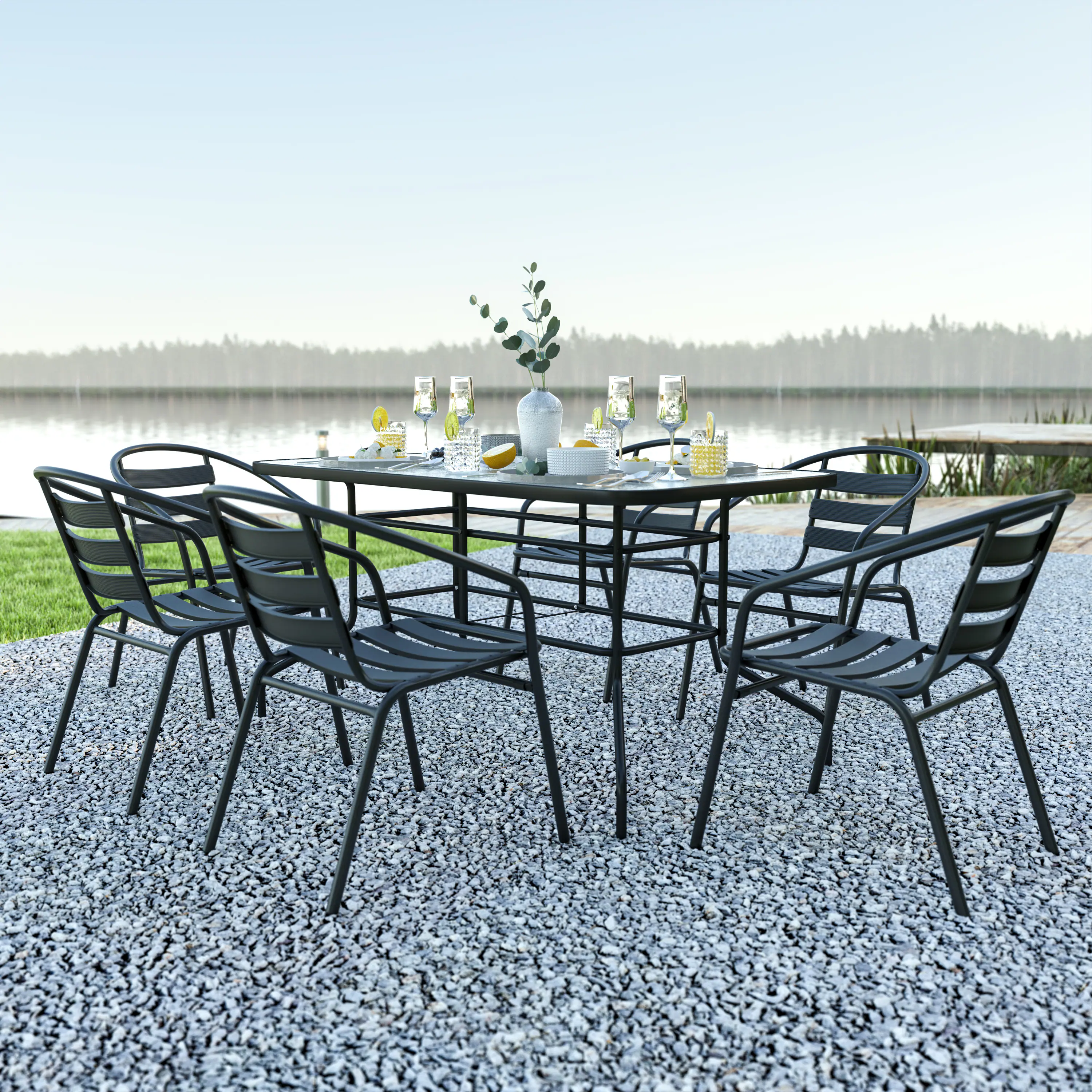 Alt View 1. Emma + Oliver - Patio Table & Chairs Set with Rectangular Metal Table with Tempered Glass Top and Stacking Chairs - Black.