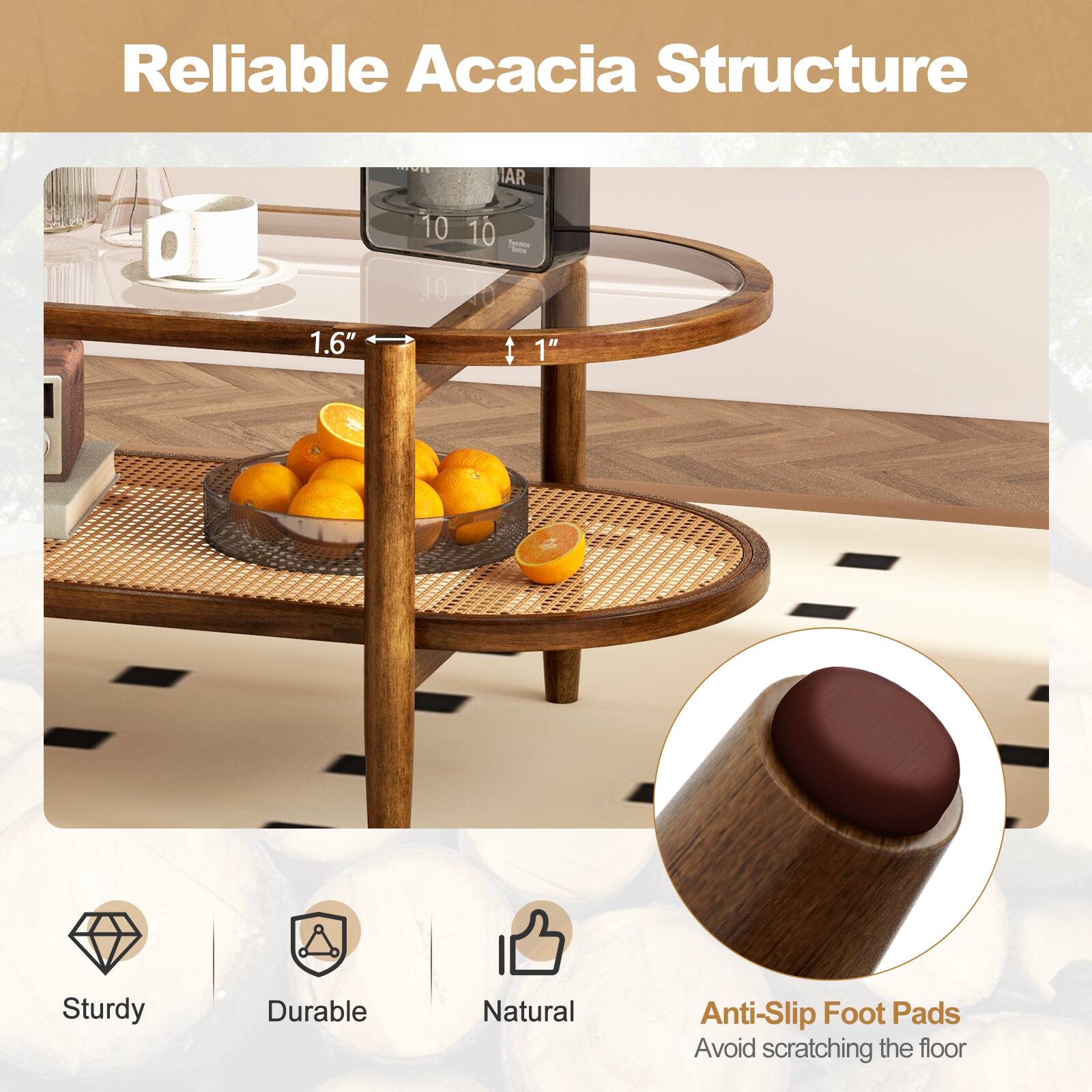 Reliable Acacia Structure, AR 1.6", 10 10 10 - Tein 10, 1", Sturdy, Durable, Natural, Anti-Slip Foot Pads, Avoid scratching the floor