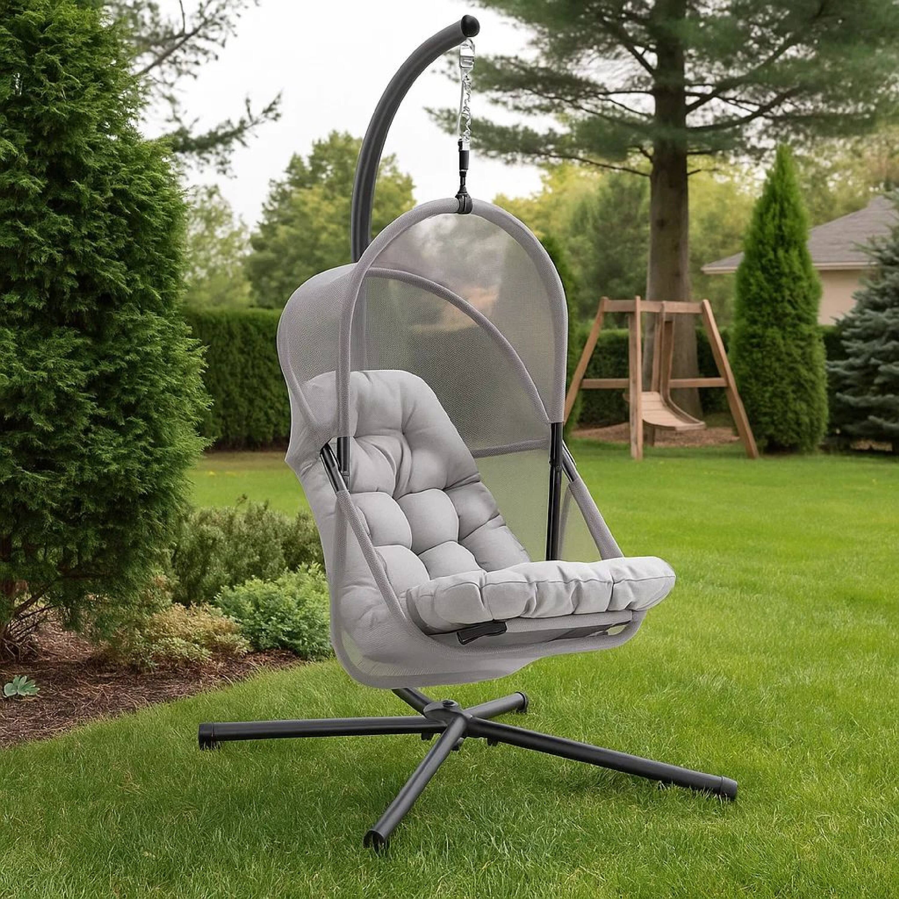 Alt View 8. Manhattan Lane - Bery Outdoor Swing Chair with Foldable Stand - Black, Light Gray.