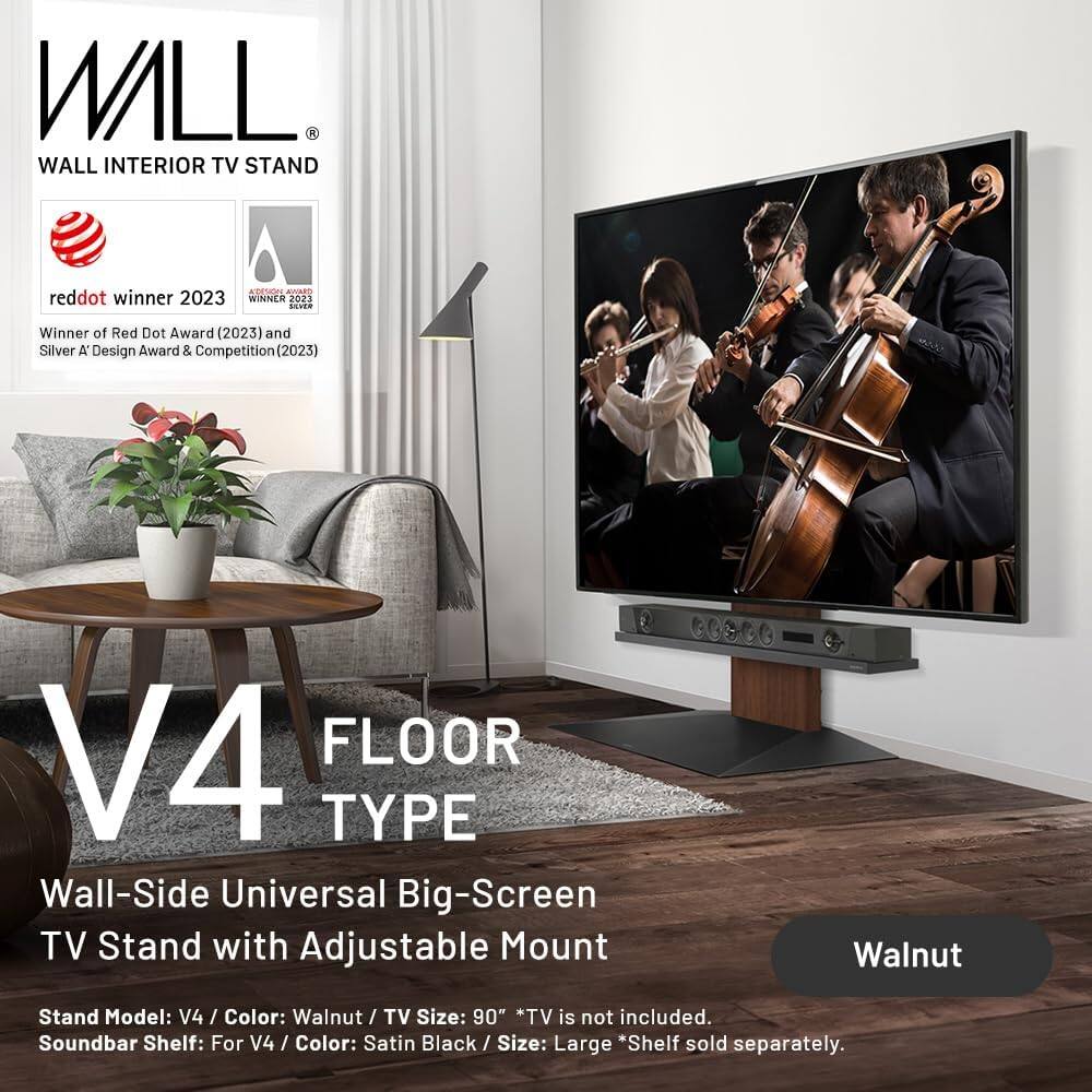 WALL INTERIOR TV STAND

AOC cONO reddot winner 2023 WINNER 2023 FIA Winner of Red Dot Award (2023) and Silver A'Design Award & Competition (2023)

V4 FLOOR TYPE

Wall-Side Universal Big-Screen TV Stand with Adjustable Mount

Stand Model: V4 / Color: Walnut / TV Size: 90" *TV is not included.

Soundbar Shelf: For V4 / Color: Satin Black / Size: Large *Shelf sold separately.