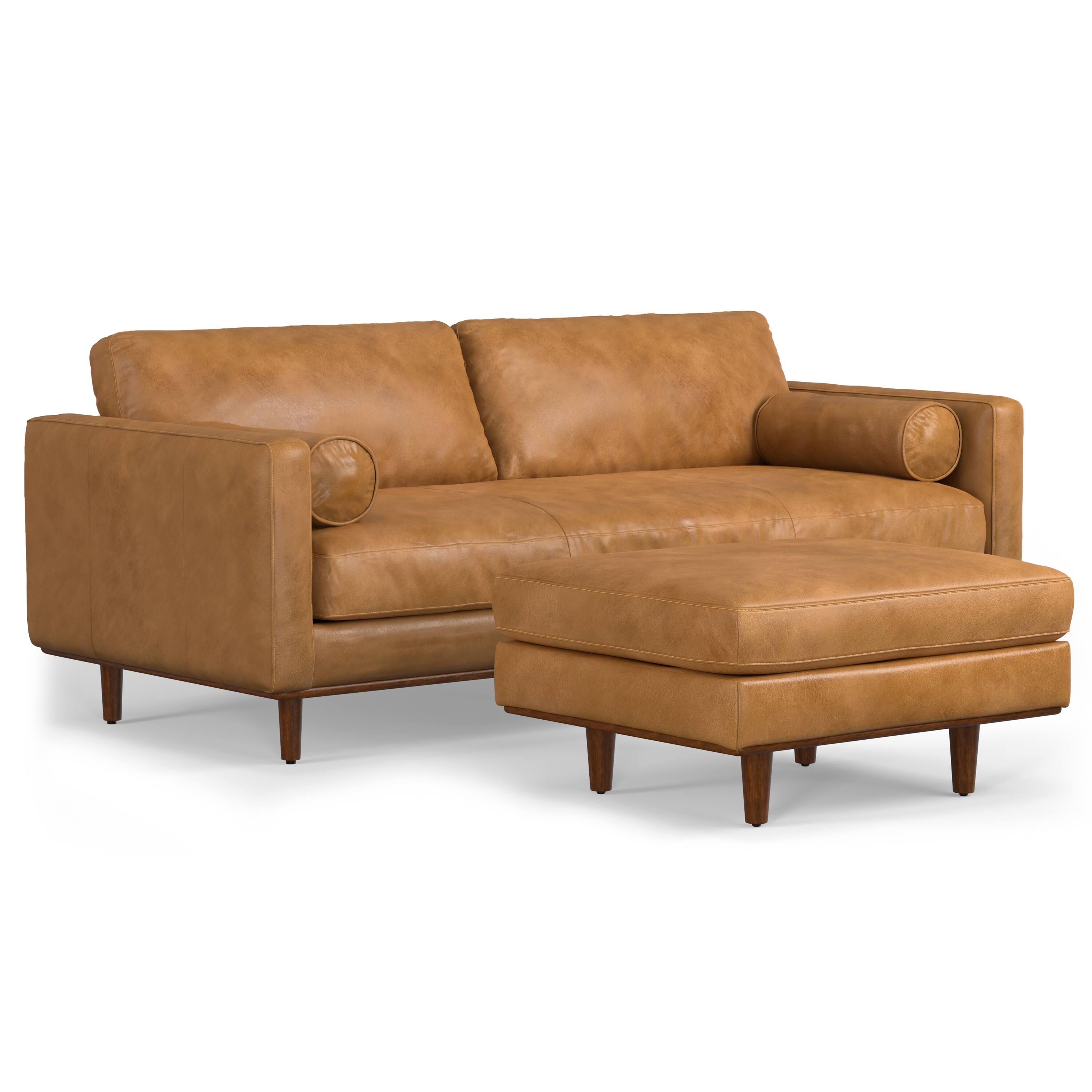 Front. Simpli Home - Morrison Mid-Century Modern 89 inch Wide Sofa with Ottoman Set in Sienna Genuine Leather - Sienna.