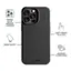 The image shows a cell phone case with various features labeled. These features include a raised ridge around the cameras for added protection, a soft touch button for easy operation, and drop proof capabilities to ensure the phone is safe from accidental drops. Additionally, the case is compatible with MagSafe technology, allowing for wireless charging and easy attachment of accessories.