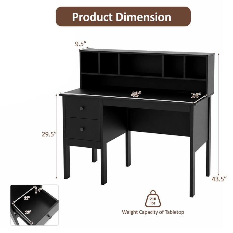 Product Dimension: 9.5" x 48" x 24" x 29.5" x 43.5"  
Weight Capacity of Tabletop: 210 lbs