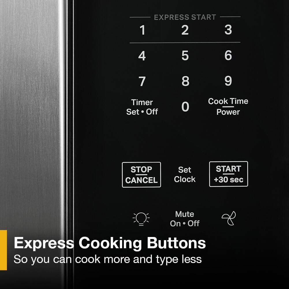 EXPRESS START

1 2 3  
4 5 6  
7 8 9  
Timer Set Off 0  
Cook Time Power

STOP CANCEL  
Set Clock  
START +30 sec  
Mute On Off

Express Cooking Buttons  
So you can cook more and type less