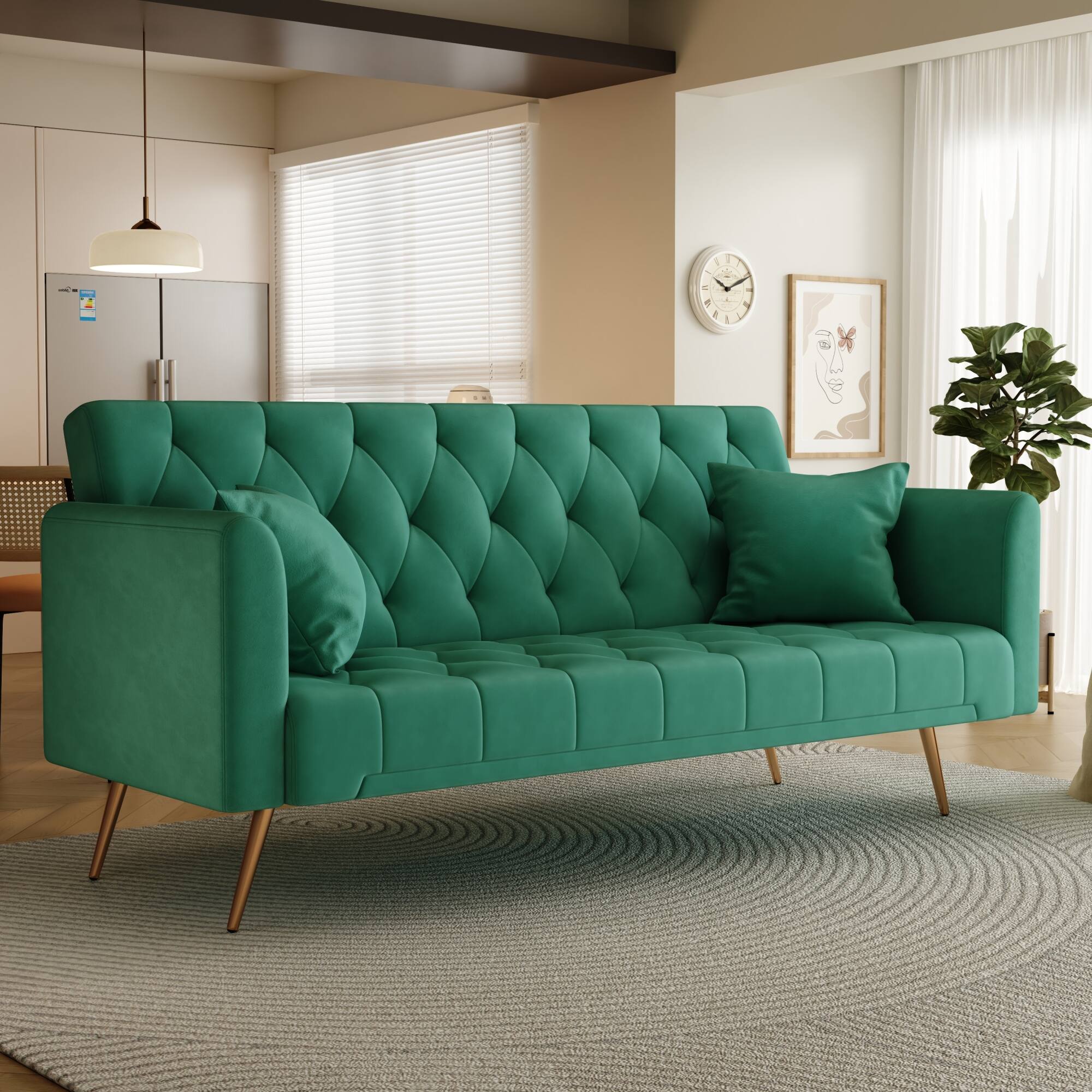Angle. GOODSILO - Convertible Velvet Sofa Bed with Adjustable Backrest for Small Spaces, Living Room and Office Use - Green.