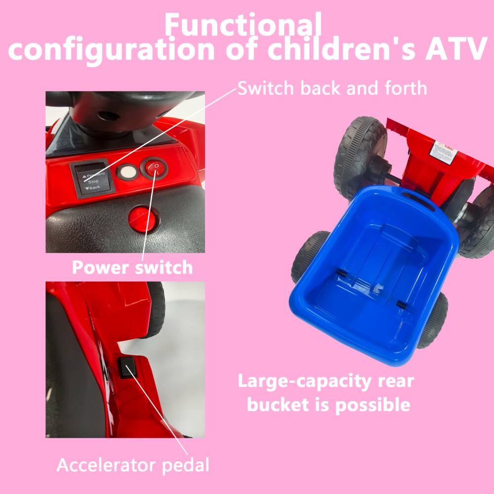 Functional configuration of children's ATV

- Switch back and forth
- Power switch
- Large-capacity rear bucket is possible
- Accelerator pedal