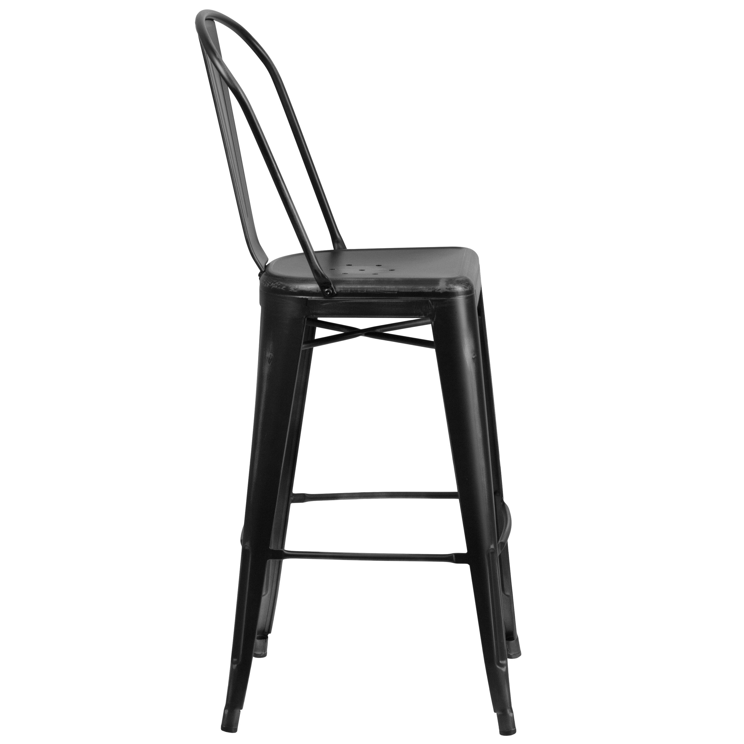Alt View 7. Emma + Oliver - Commercial Grade 4 Pack 30" High Distressed Metal Indoor-Outdoor Barstool with Back - Black.