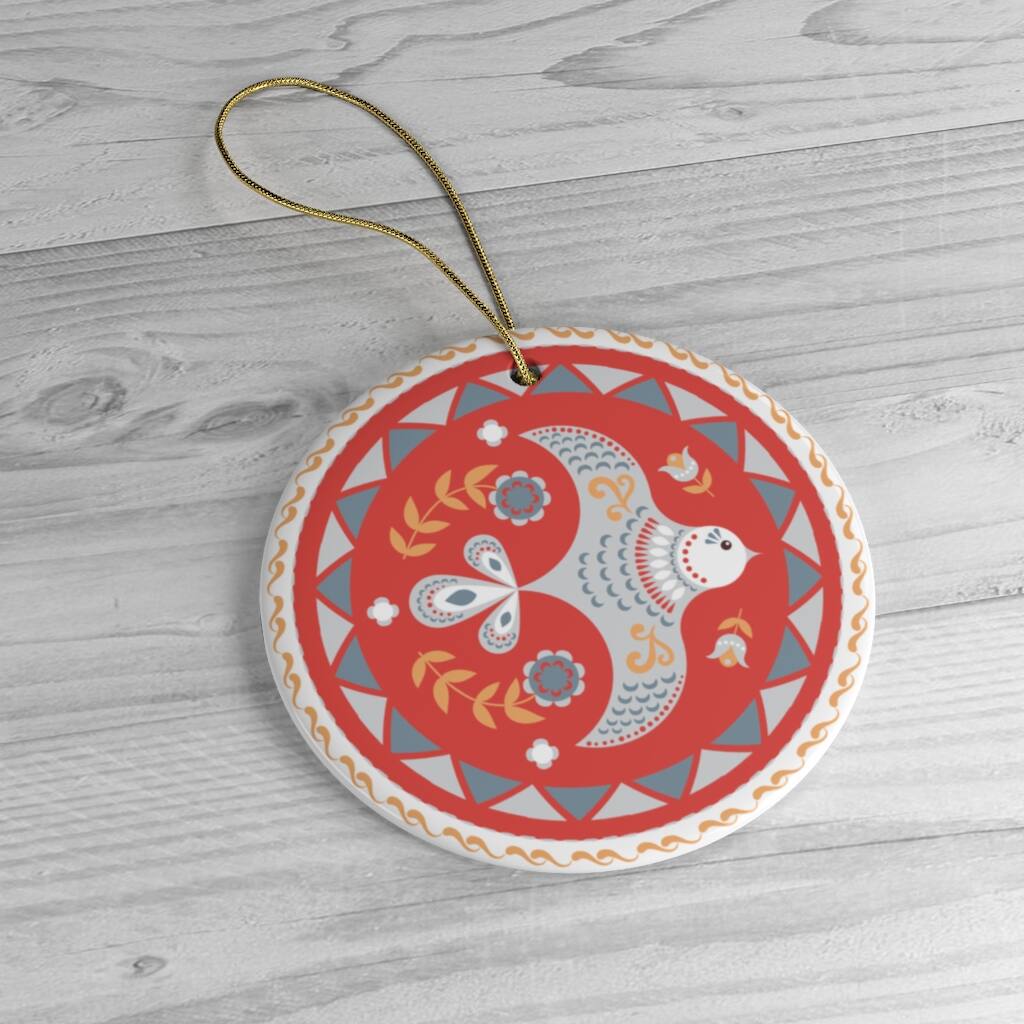 Back. OrnamentallyYou - Scandinavian Bird Christmas Ornament Ethnic Classic Folklore 2D Illustration Circle Version - Multi-colored.
